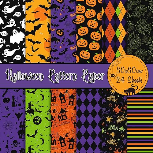 Whaline 24pcs Halloween Pattern Paper 12 Designs Double-Sided 30x30cm Multi-Colored