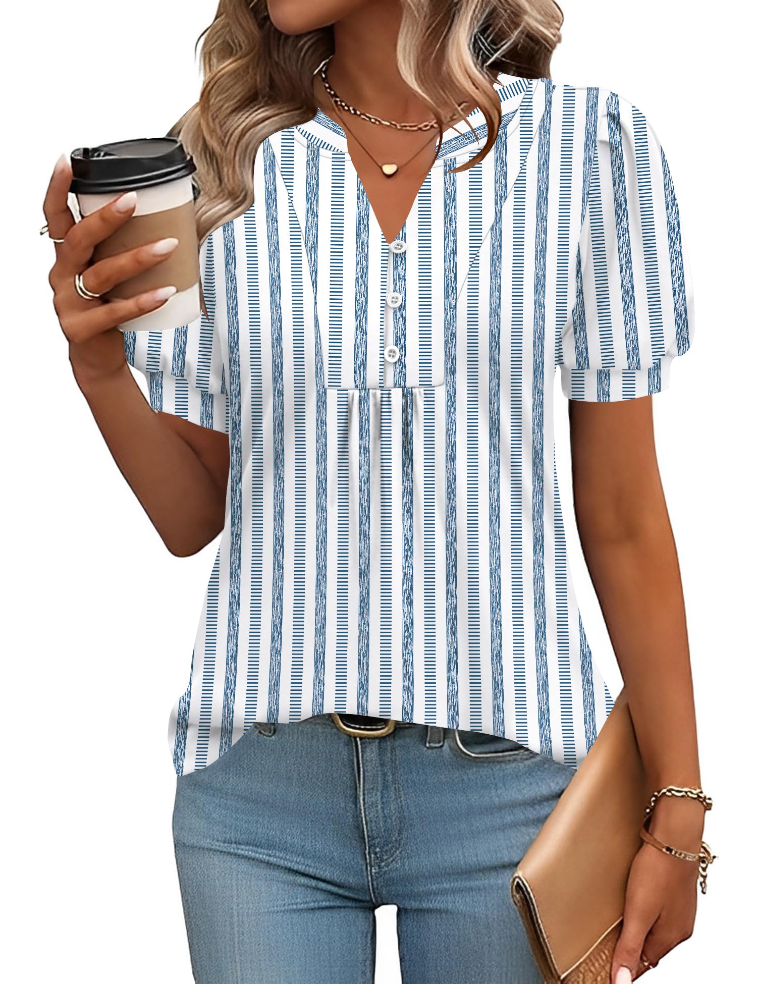 IECCP Womens Tops Puff Short Sleeve Shirts Dressy Casual Henley V-Neck Summer Tops Pleated T-Shirts Loose Fit Tunic Blouses