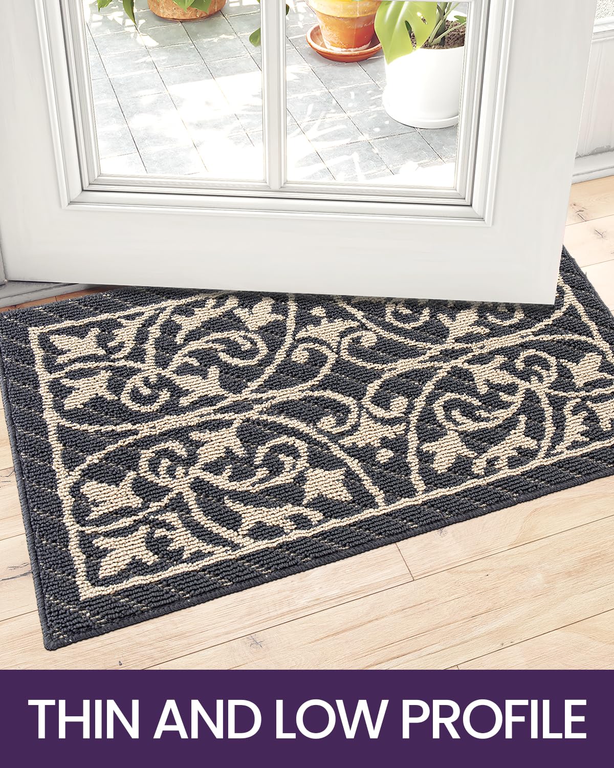 DEXI Tapis d'entrée intérieur pour porte d'entrée, tapis de bienvenue à profil bas, fin, antidérapant, lavable, pour sol de maison, capte la saleté, 81 x 122 cm, gris foncé