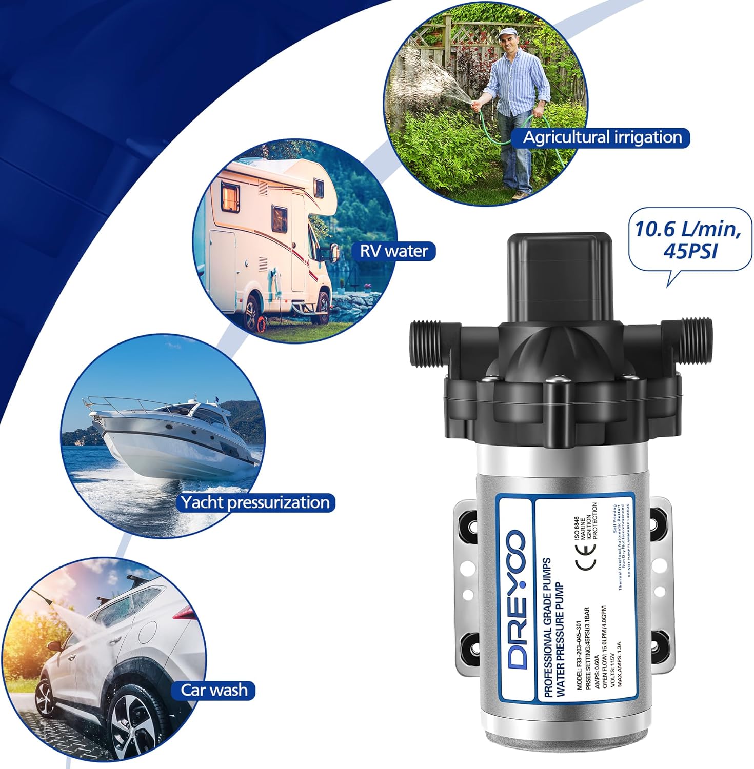 Water Pressure Diaphragm Pump Industrial 115V 4 GPM 45 PSI, Self Priming Water Booster Pump with Power Plug, Fittings Strainer Filter for Bathroom RV Marine Caravan, Food Truck, Hose(Silver)