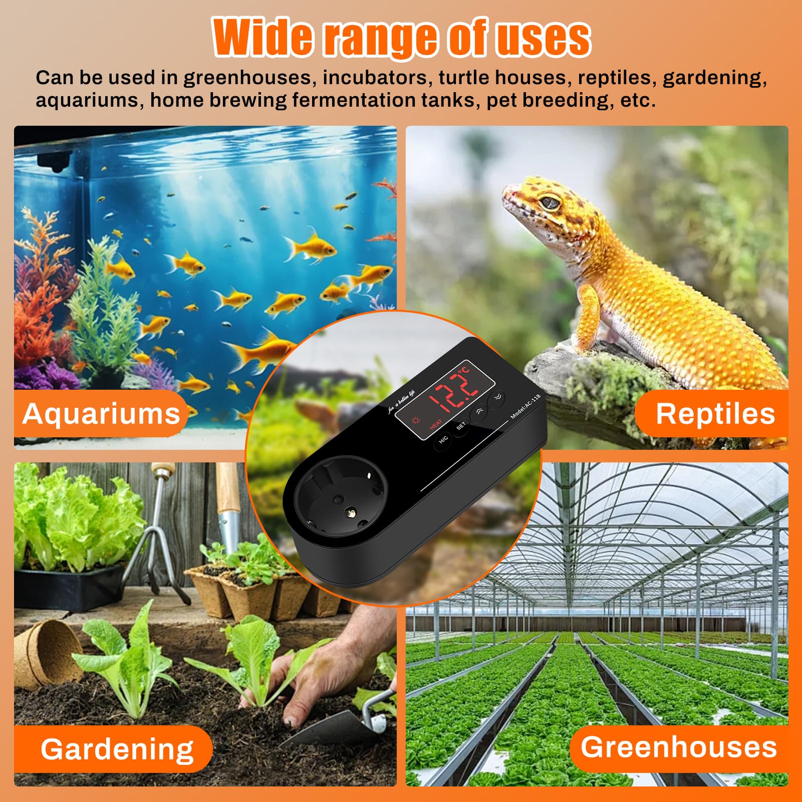 Termostato Enchufe 220V, Termostato Reptiles Terrario de Enchufe con Sensor y Pantalla LCD, Controlador de Temperatura de Enfriamiento de Calefacción para Incubadora Invernadero Reptil Acuario