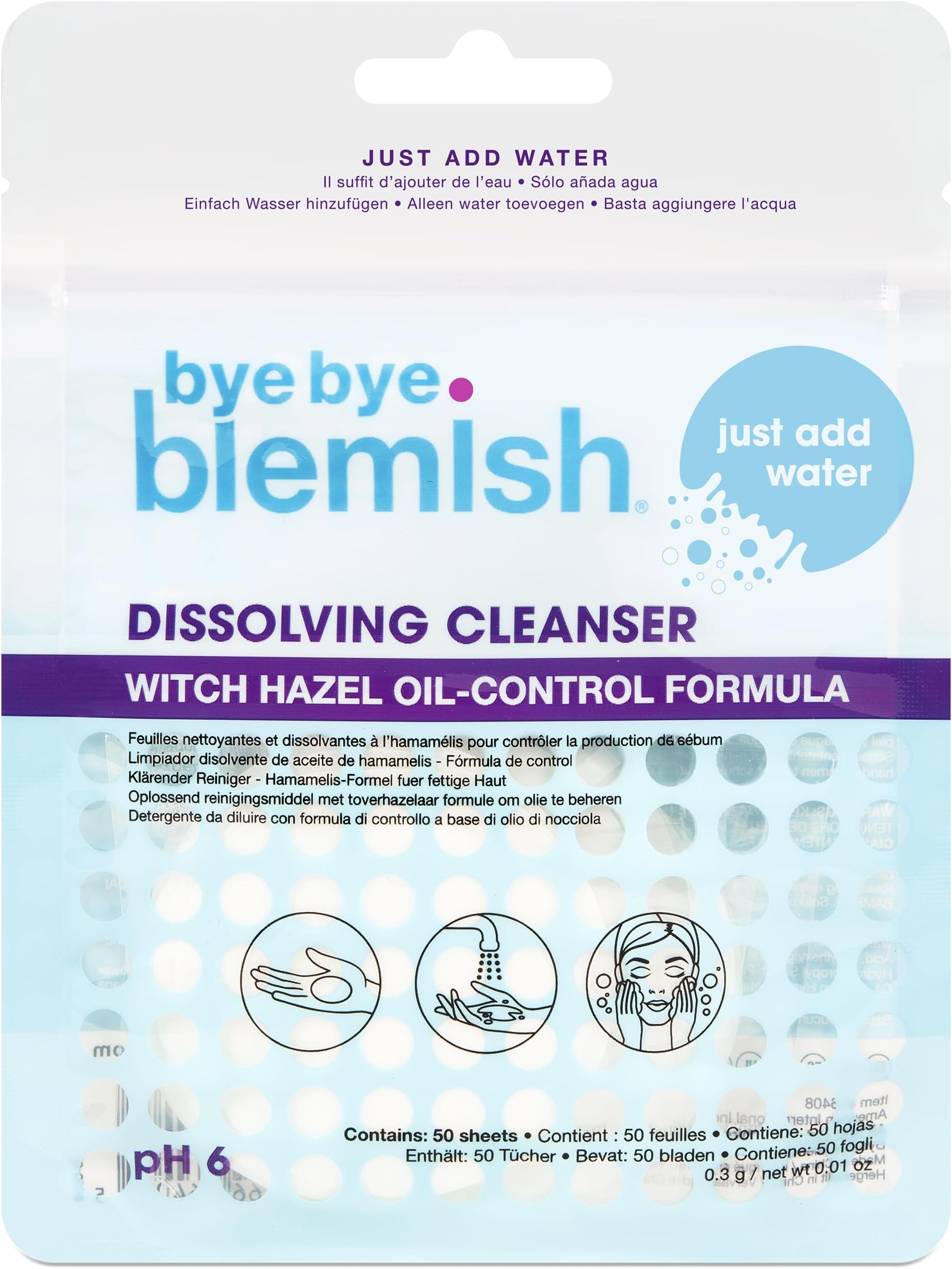 Dissolving Cleanser Sheets โ Witch Hazel Oil-Control Face Wash, Water-Activated Facial Paper Soap for Acne-Prone Skin, Removes Dirt & Excess Oil, 50 pcs
