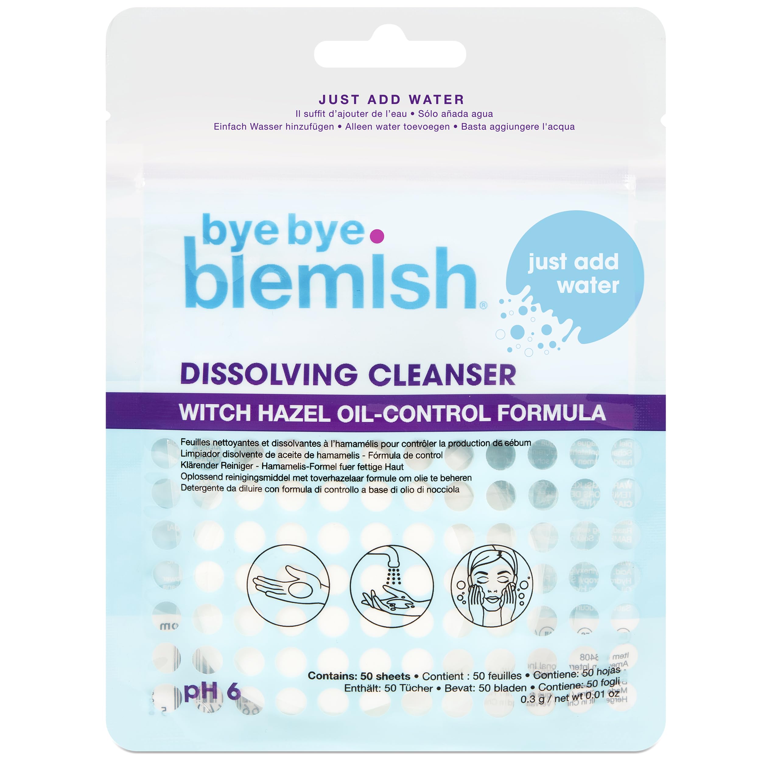 Bye Bye Blemish Dissolving Cleanser Sheets – Witch Hazel Oil-Control Face Wash, Water-Activated Facial Paper Soap for Acne-Prone Skin, Removes Dirt & Excess Oil, 50 pcs