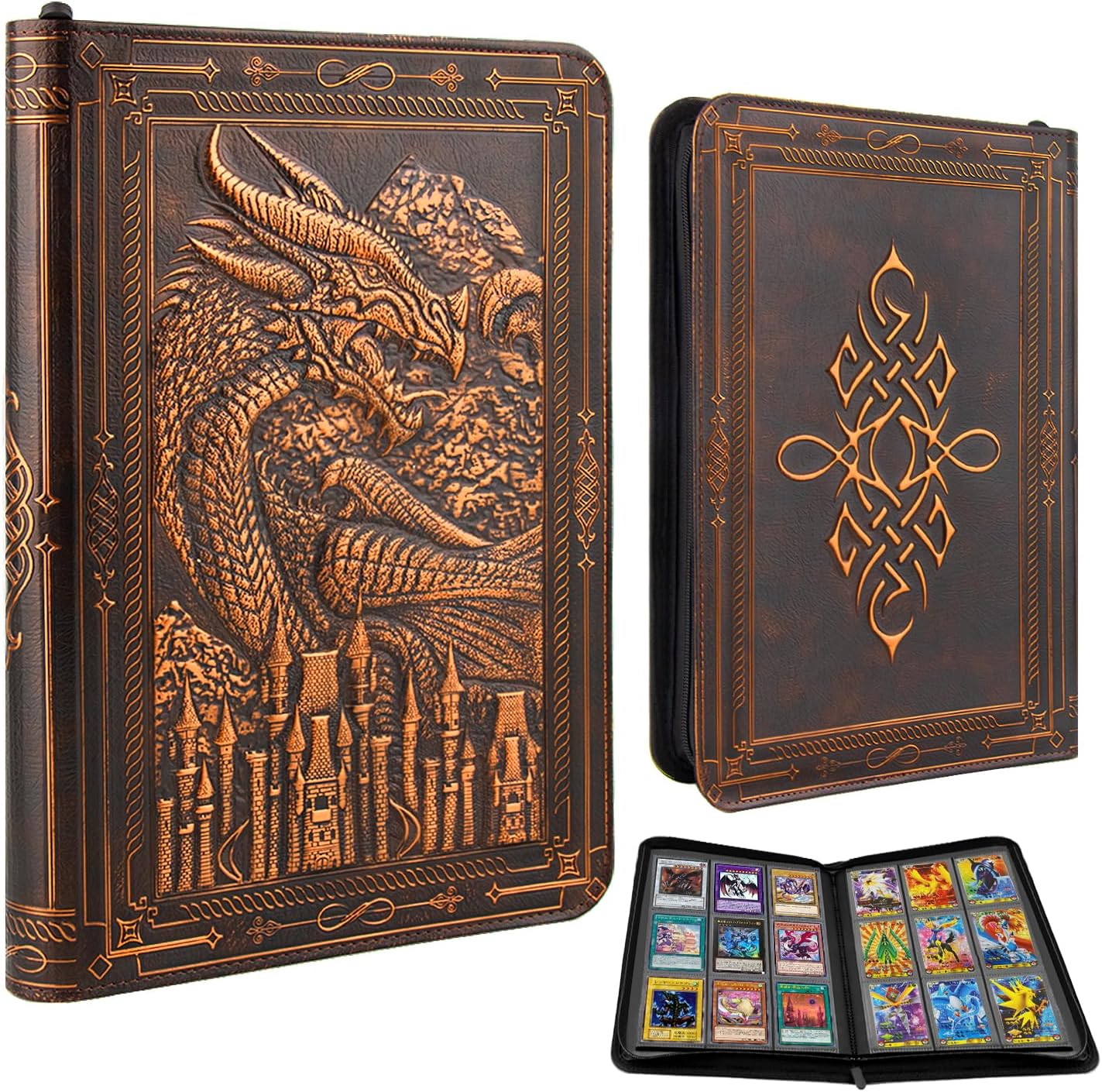 TIANREN Card Binder 9 Pocket, 3D PU Leather Album with Zipper, 360 Side Loading Pockets for TCG, MTG, Lorcana, Other Collectible Cards, Trading Card Game Protective Folder Album (Reddish Brown)