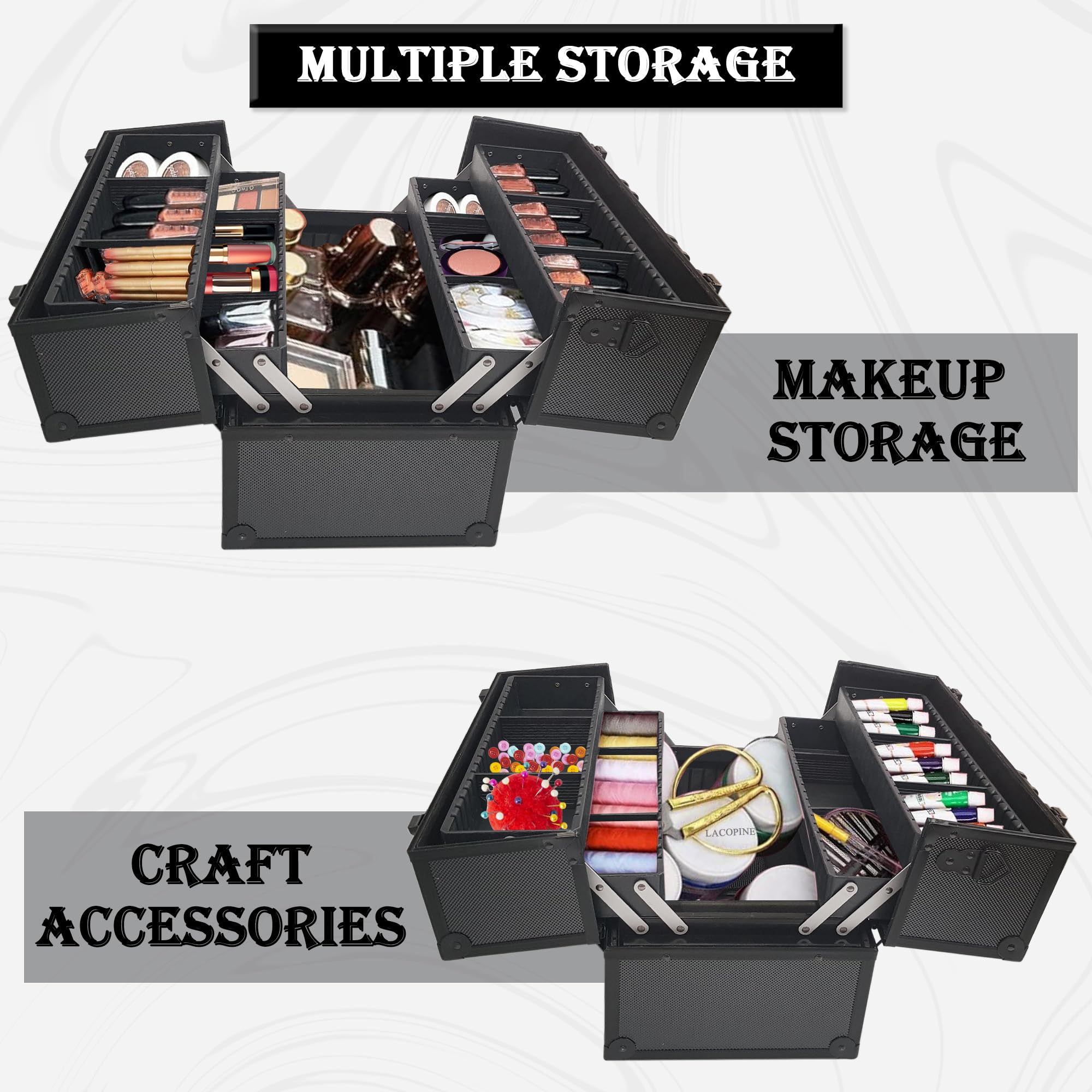 LACOPINE Makeup Train Case Professional Adjustable - 4 Trays Cosmetic Cases Makeup Storage Organizer Box with Lock and Compartments (DESIGN2-BLACK) - Image 5 thumbnail
