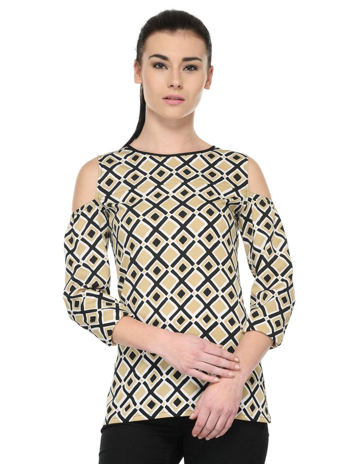 tunic NATIONWomen's Beige/Black Poly Georgette Cold-Shoulder Regular Top