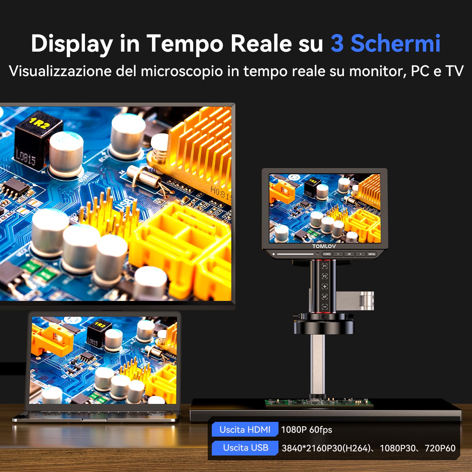TOMLOV TM4K-AF Max Microscopio Digitale Autofocus 4K 2000X, Schermo IPS da 10,1" con Braccio Rotante, Fotocamera da 52MP HDMI per Monete e Saldatura, con Luce ad Anello, Compatibile PC/TV, 64GB