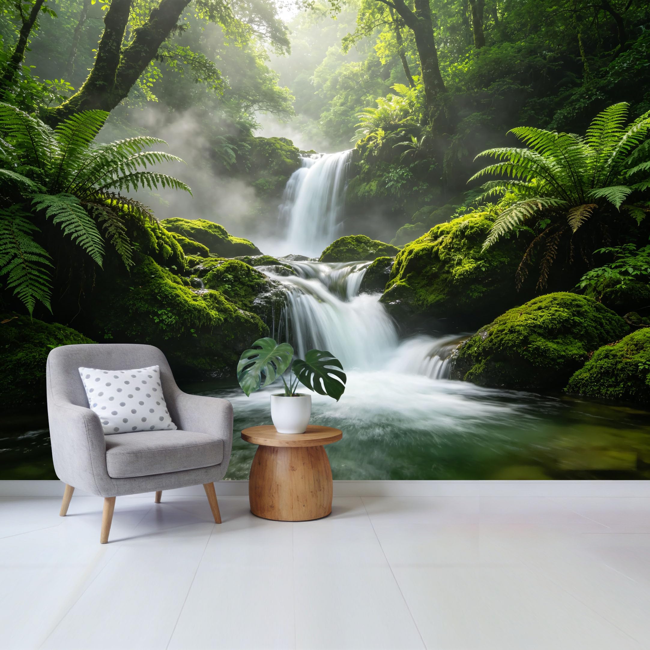 Qzlithotic Yq2605250731 Custom Size Wall Mural Misty Forest Waterfall Landscape Fern Botanical 3D Selfadhesive Wall Fabric Removable Wallpaper For Home Office Decor