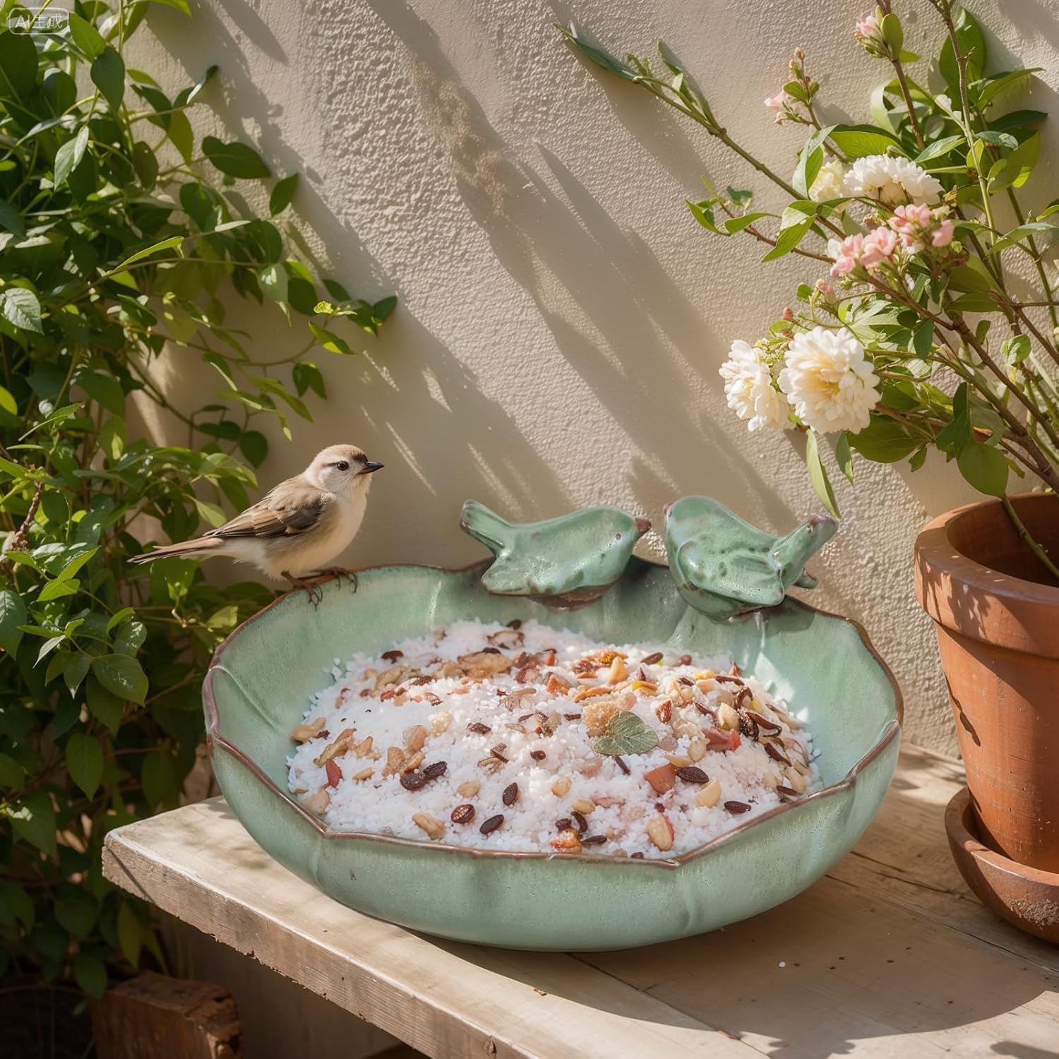 Grüne Keramik-Vogeltränke 24,9 cm, robuste Wasserschale für Vögel, Dekoration für Garten, Terrasse und Balkon