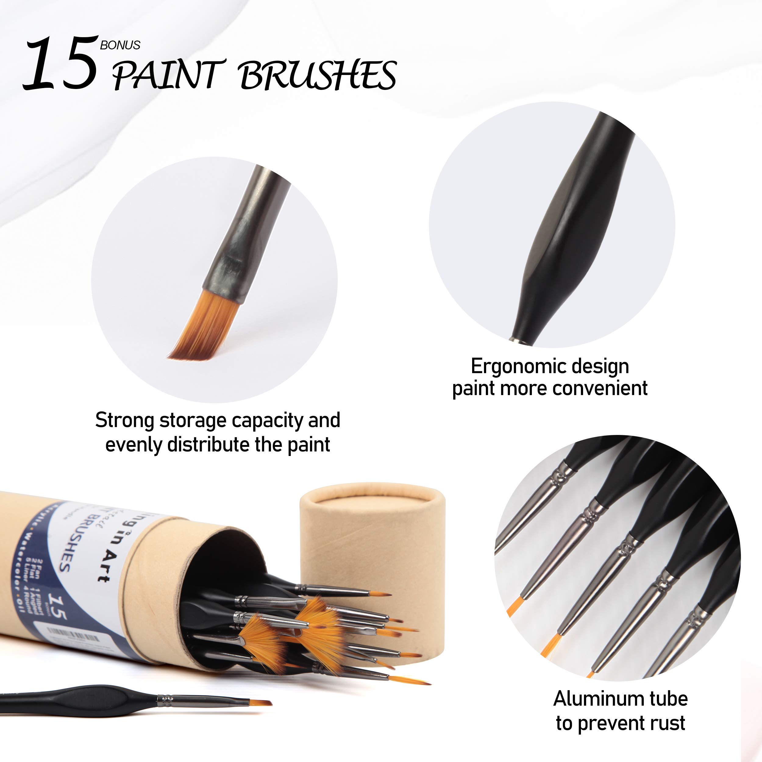 Falling in Art Flat and Round Tips White Sable Paint Brush Set - 18PCS Artist Face Paint Brushes, Short Handled Nylon Brushes Set for Watercolor, Oil, Acrylic, Craft, Gouache