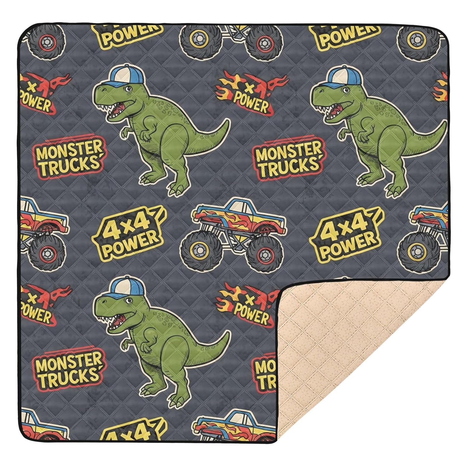 Dinosaur Monster Trucks Baby Play Mat 50x50 Inch One-Piece Soft Crawling Mat Waterproof Playmat with Non-Slip Bottom for Babies, Toddlers, and Infants