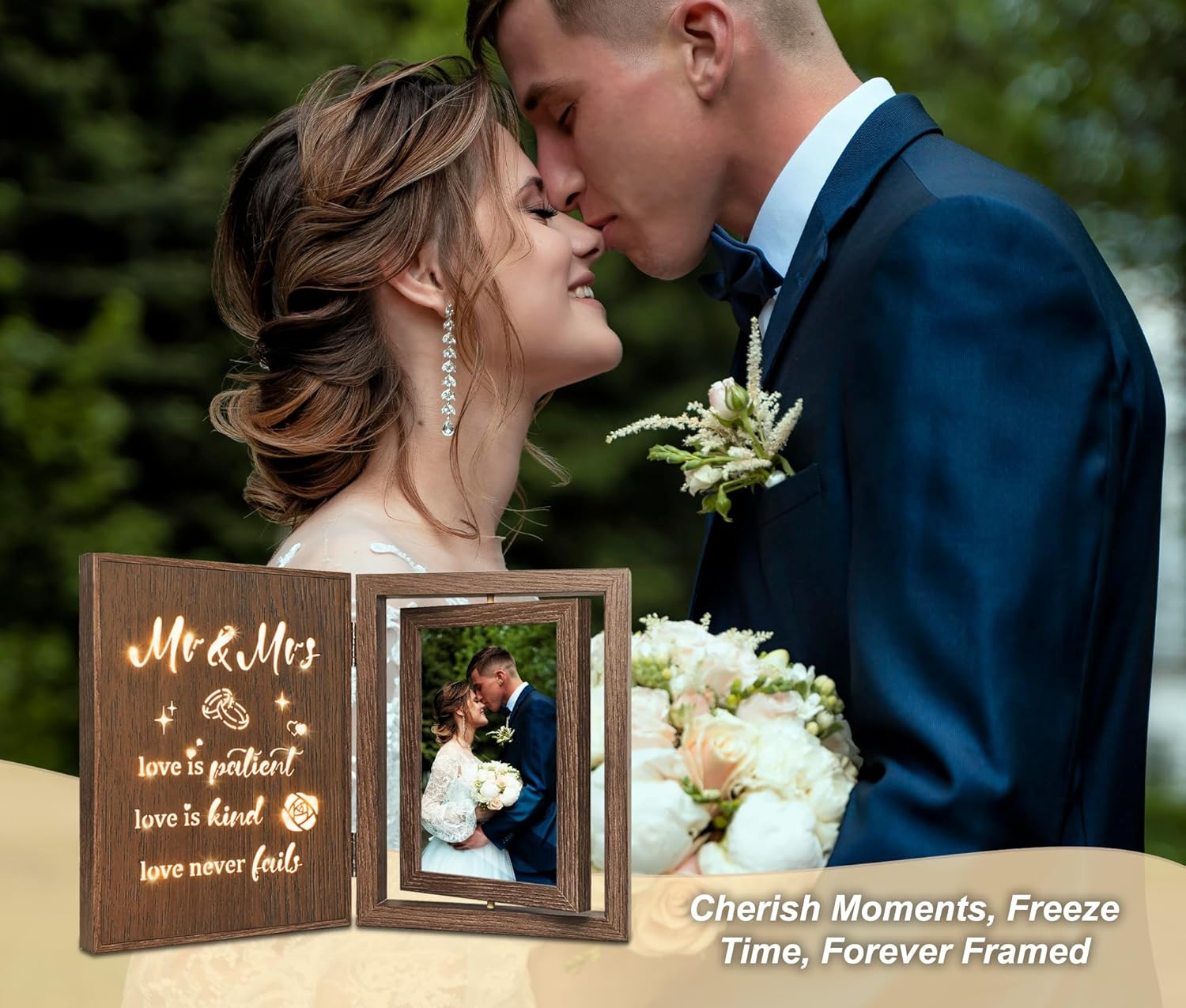 EYITUPC Light Up Rotating Wooden Wedding Picture Frame, Bridal Shower Gifts, Wedding Photo Frames for Newlyweds, USB Powered Mr and Mrs Gifts, Holds Two 4x6 Photos