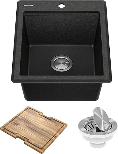 KRAUS Bellucci KGTW12-18MBL - Fregadero de barra de cocina con estación de trabajo compuesto de granito de 18 pulgadas, montaje superior, montaje