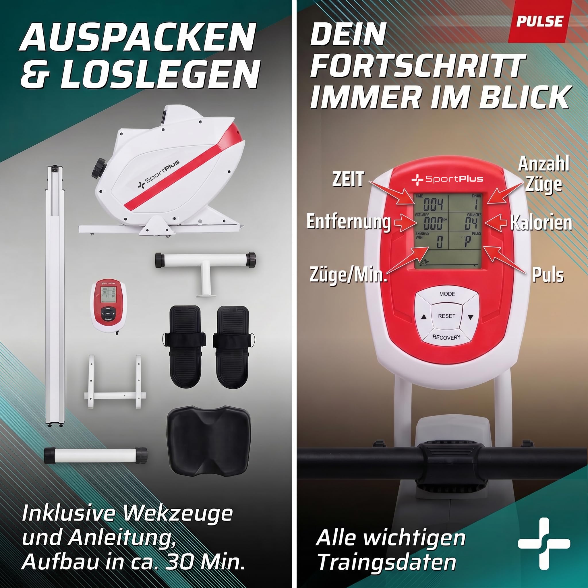 SportPlus Rudergerät für zuhause klappbar - Designed IN Germany - Für Einsteiger & Fortgeschrittene - Rudermaschine Magnetwiederstand Extra Leise, klappbar & platzsparend bis 150kg