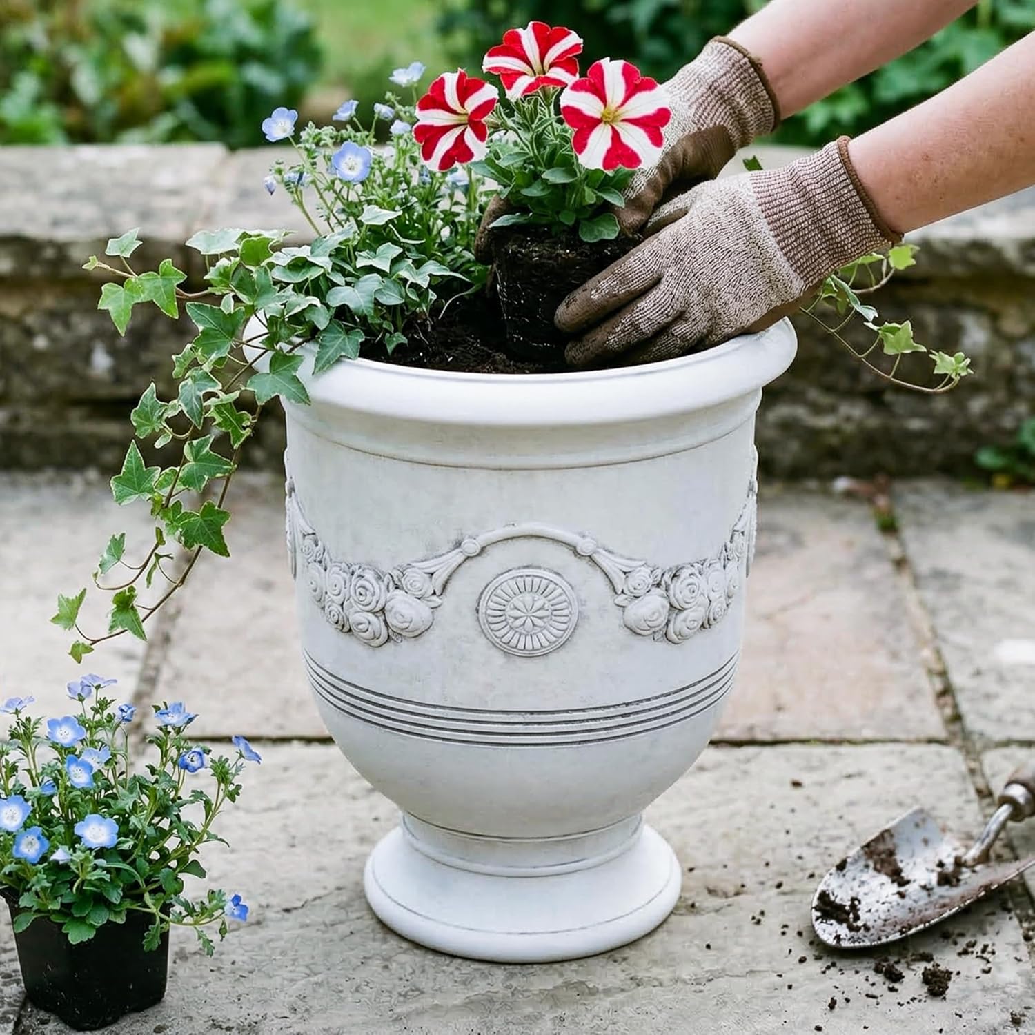 KOL Large Plastic Urn Planter - 16” Dia x 19” H Lightweight Classic Planter Pot with Cement Texture & Drainage Hole, Weather Resistant for Outdoor Plants, Patio, Garden Decor (White)