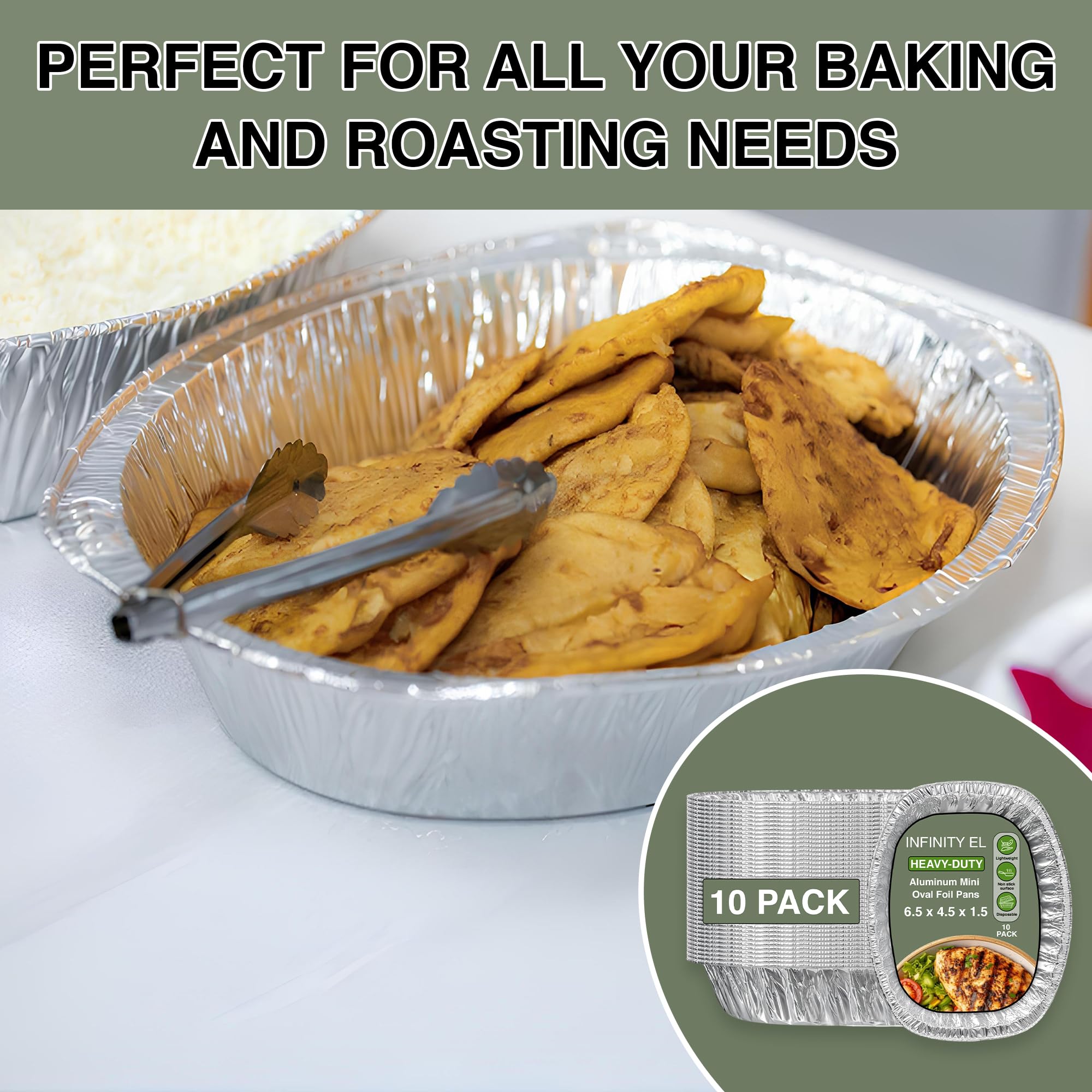 Sartenes ovaladas de aluminio resistentes, fáciles de usar, sartenes desechables de aluminio para hornear, rozar, servir, hornear y preparar comidas, sartén desechable para asar (paquete de 10) (mini
