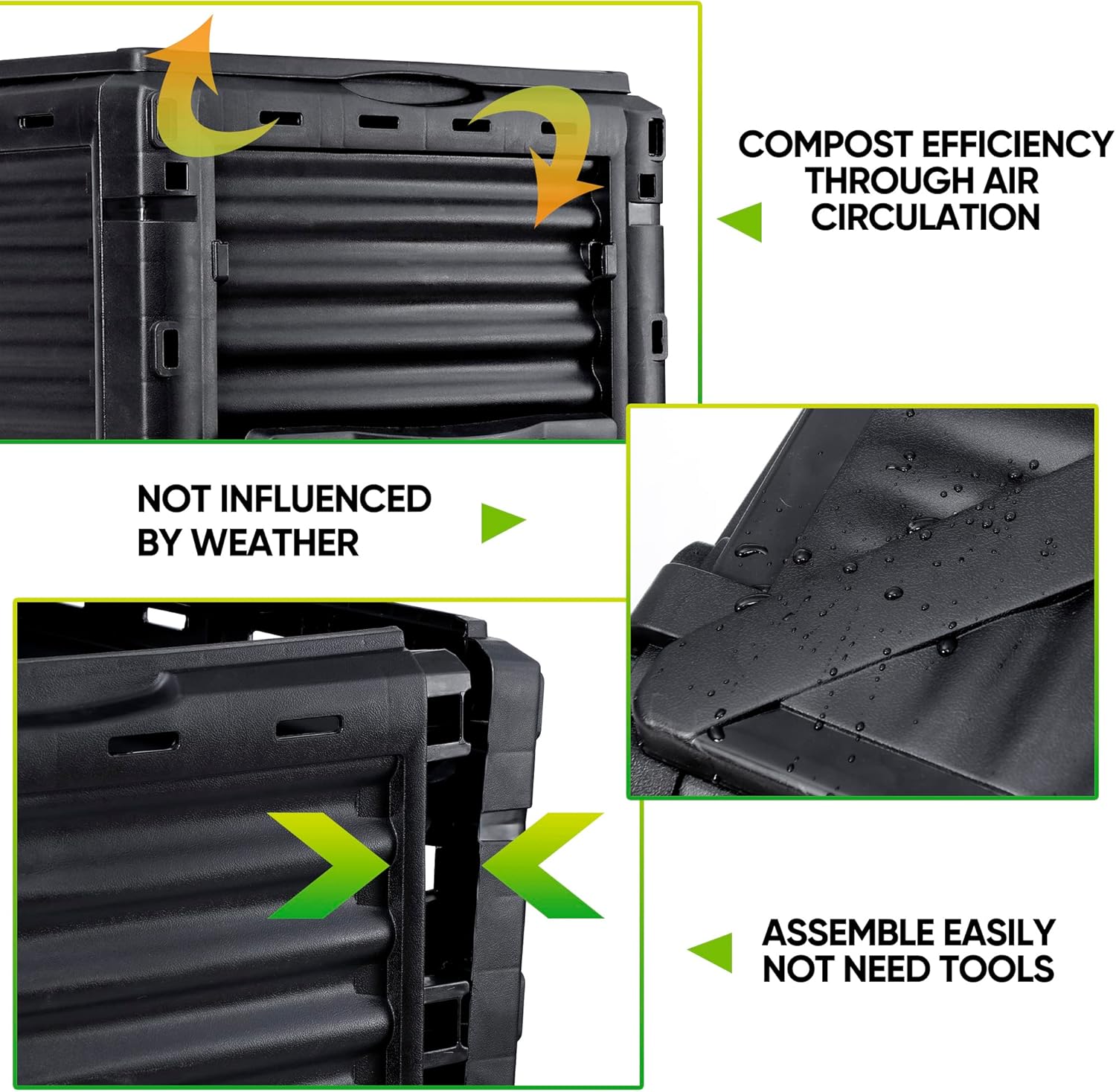 80 Gallon (300 L) Garden Compost Bin from BPA Free Material, Easy Assembling, Large Capacity, Aerating Outdoor Compost Box Fast Creation of Fertile Soil, Lightweight, Black