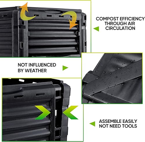 Miniatura 6 de Contenedor de compost de jardín de 80 galones (300 L) de material libre de BPA, fácil de montar, gran capacidad, aireación de caja de abono al aire