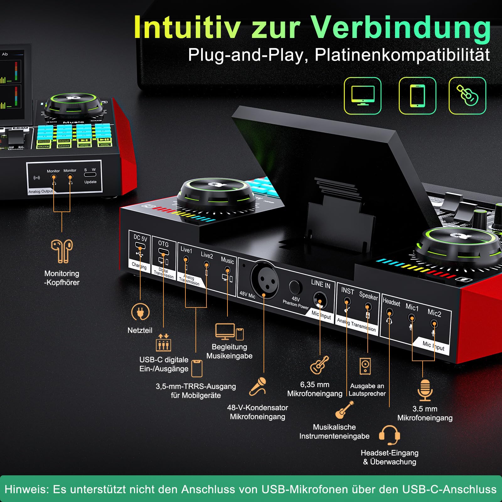 Podcast-Mikrofon-Set mit G10 Audio-Mixer & P15 Kondensatormikrofon | Geeignet für Livestream, Gesang, Gaming & Stimmveränderung an PC/Mobilgerät mit integrierter Geräuschunterdrückung