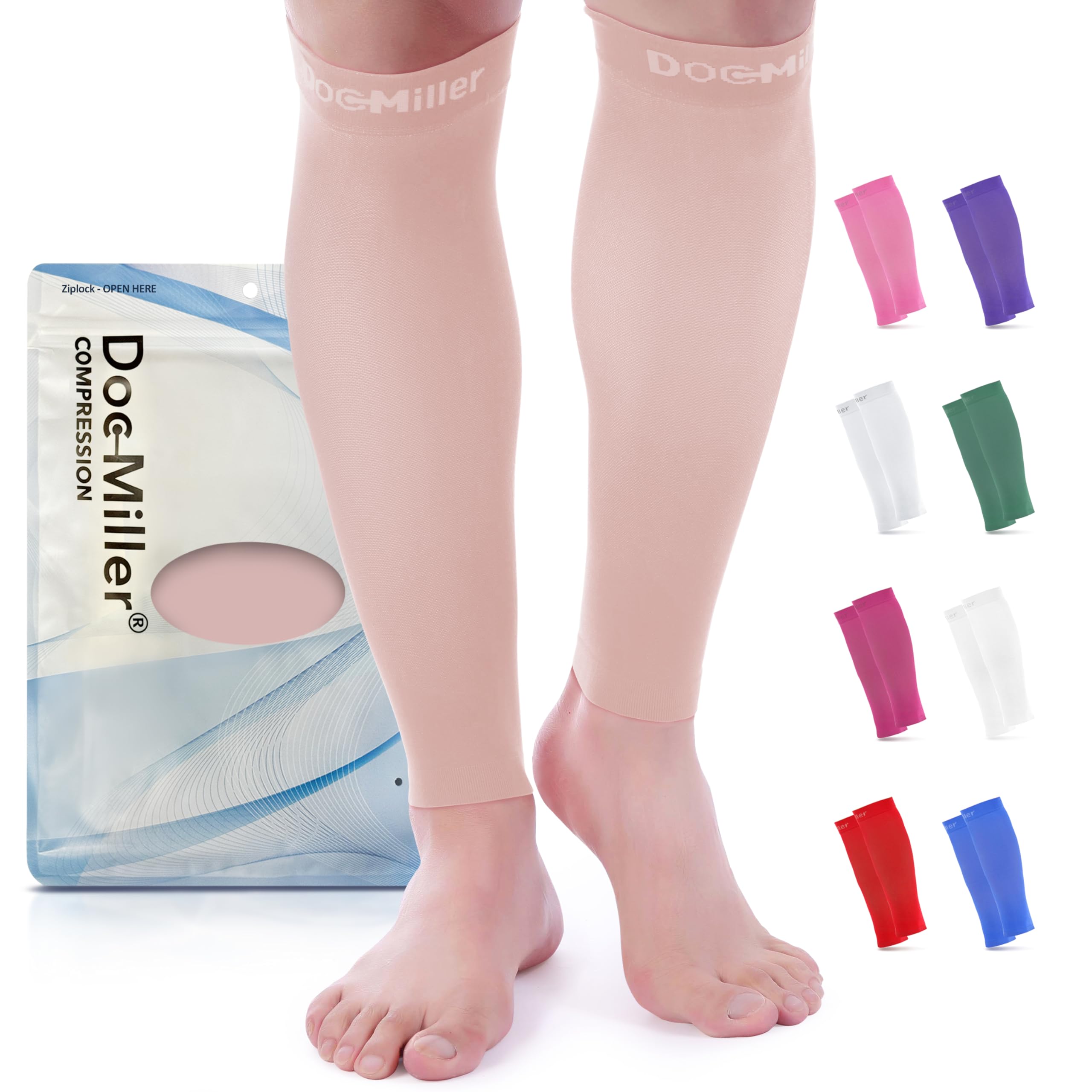 Doc Miller Compression Calf Sleeve for Men & Women, Premium Medical Grade, 15-20mmHg Graduated Support for Running, Calf Tear, Shin Splints, Knee High, Skin/Nude Color Calf Sleeves, Large Size, 1 Pair