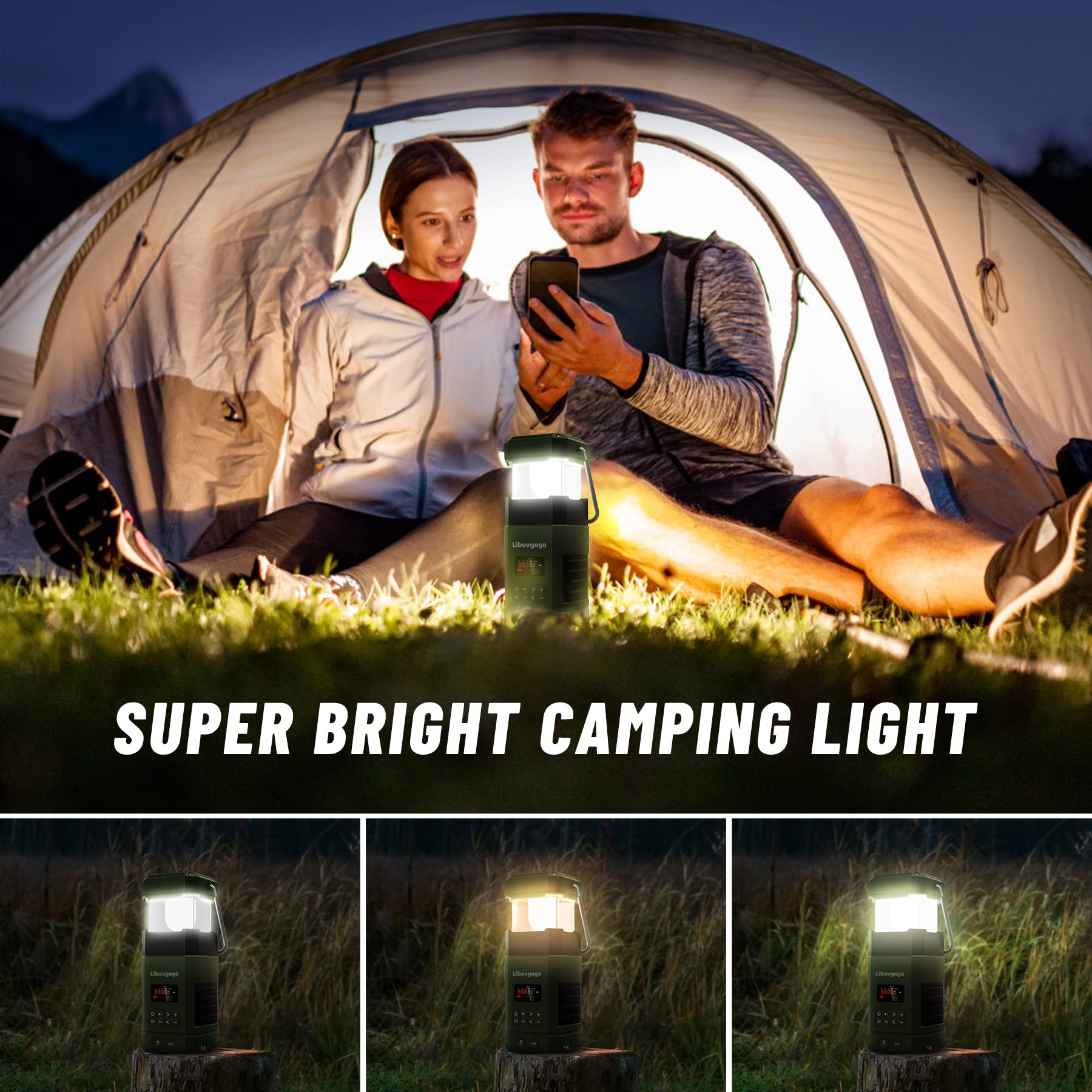 Wiederaufladbare LED Campinglampe, 3 Lichtmodi, IP65 wasserdichter Bluetooth Lautsprecher, 5000mah AM UKW Kurbelradio mit Handyladefunktion Solar, Taschenlampe, Stroboskoplicht, SOS Alarm