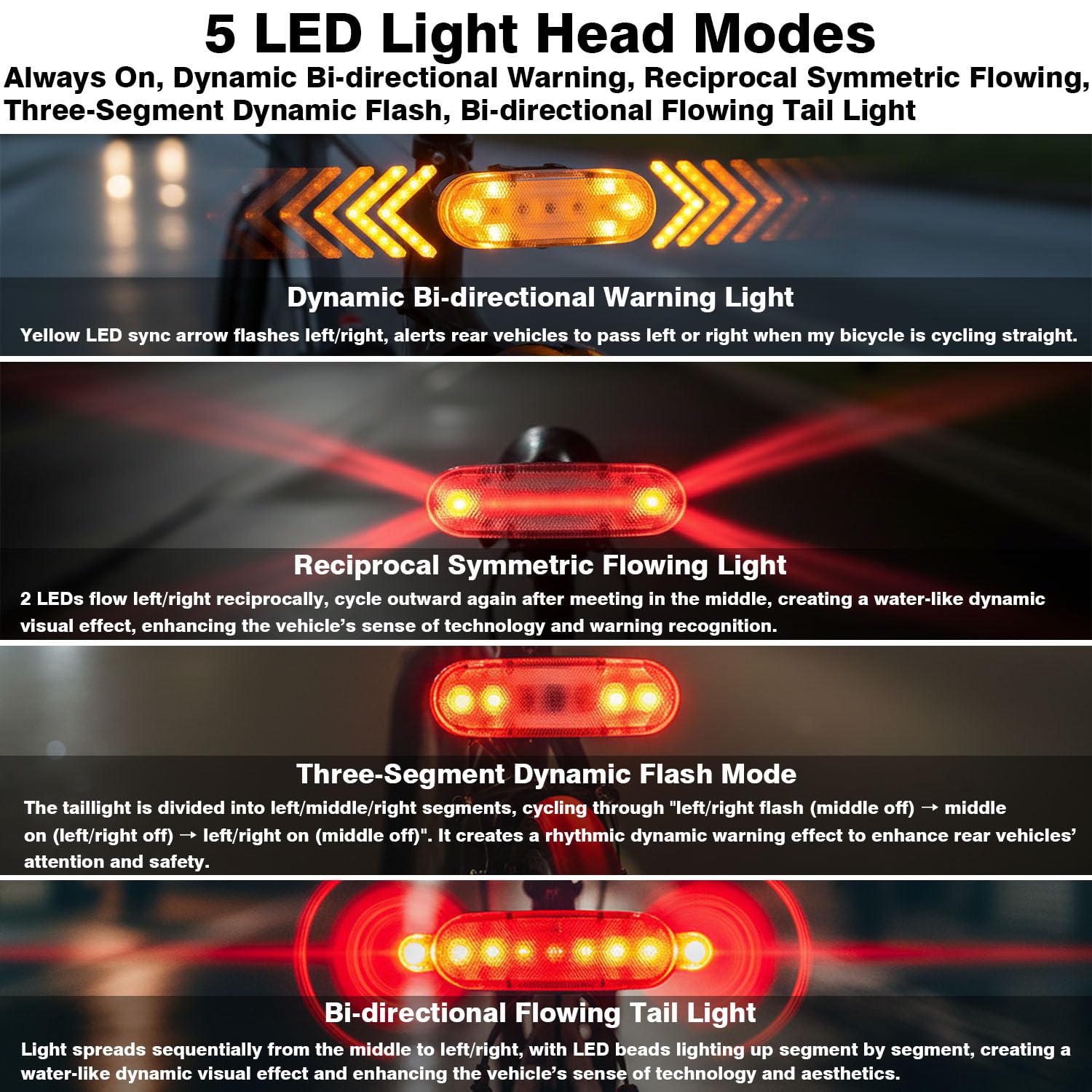 Luci posteriori per bici intelligenti | con luce di direzione impermeabile IP65 | luz para Bicicleta USB ricaricabile ultra luminoso avviso di sicurezza antifurto antifurto fanale posteriore bici
