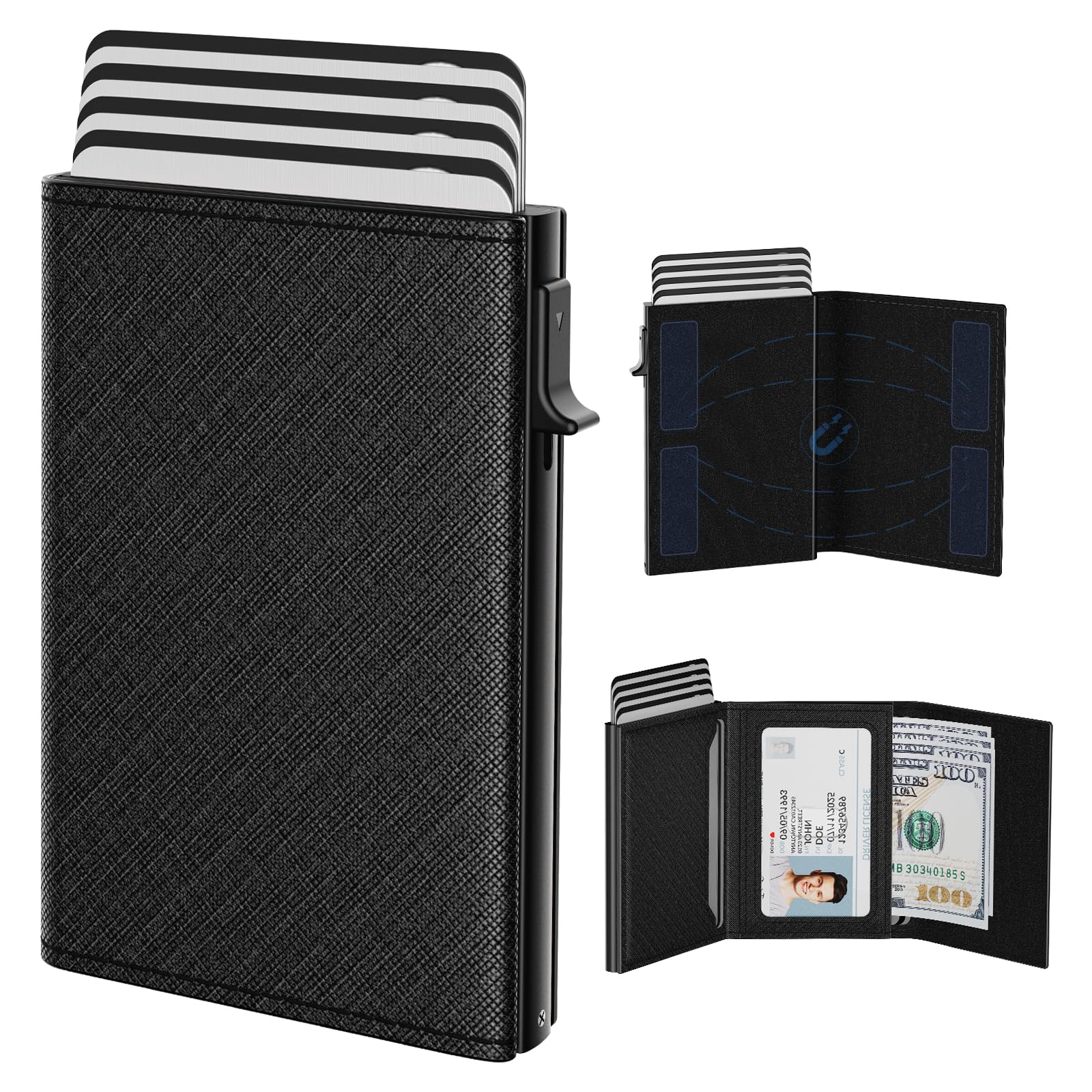 typecaseMens Wallet Card Holder: Pop Up Aluminum Case, Genuine Leather, Smart, RFID Blocking, Slim, Minimalist, Front Pocket - 9-14 Card Capacity | ID Window | Cash Slot (Cross Black)