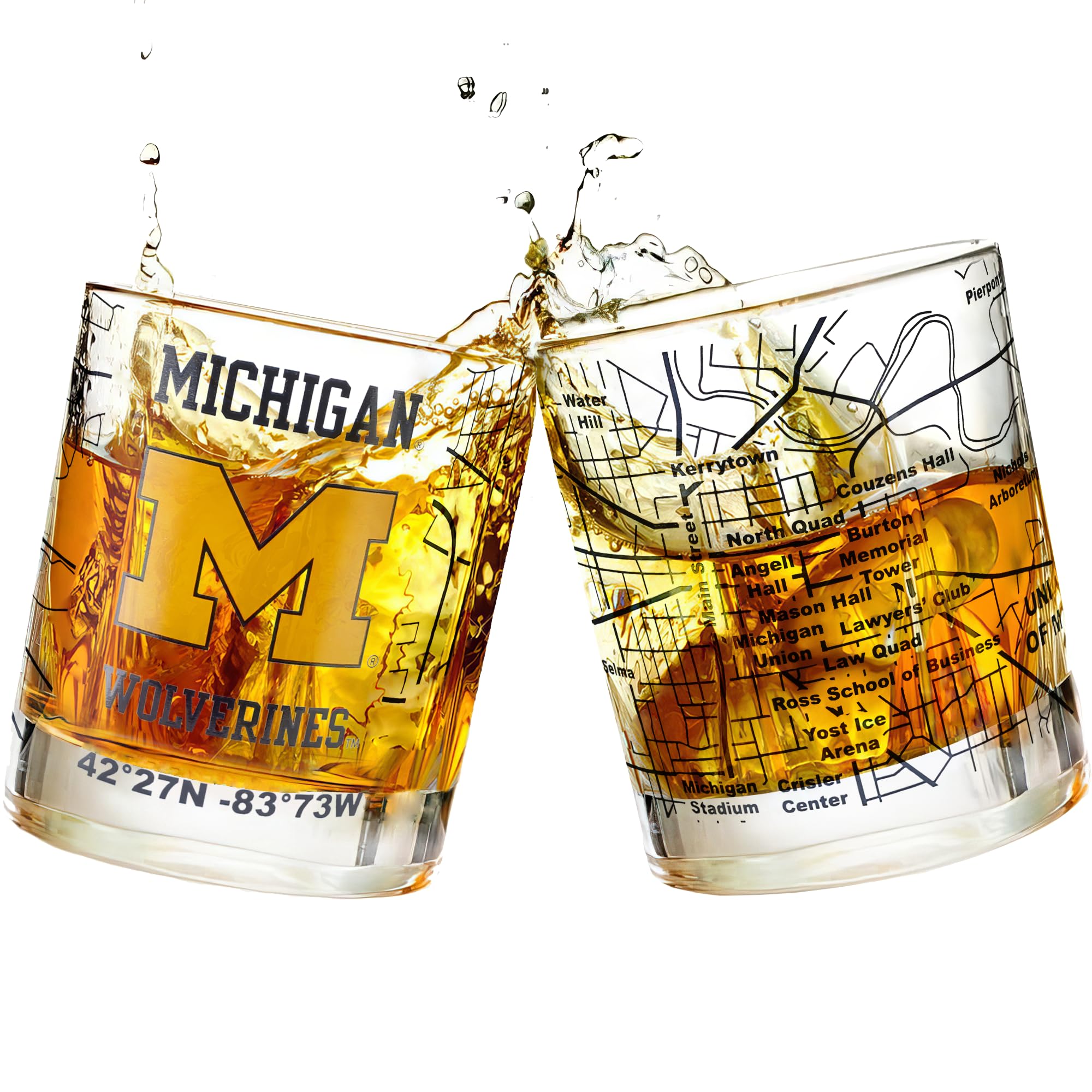 University of Michigan Wolverines College Whiskey Glasses (Set of 2), 10 oz – Full‑Color Logo + Campus Map