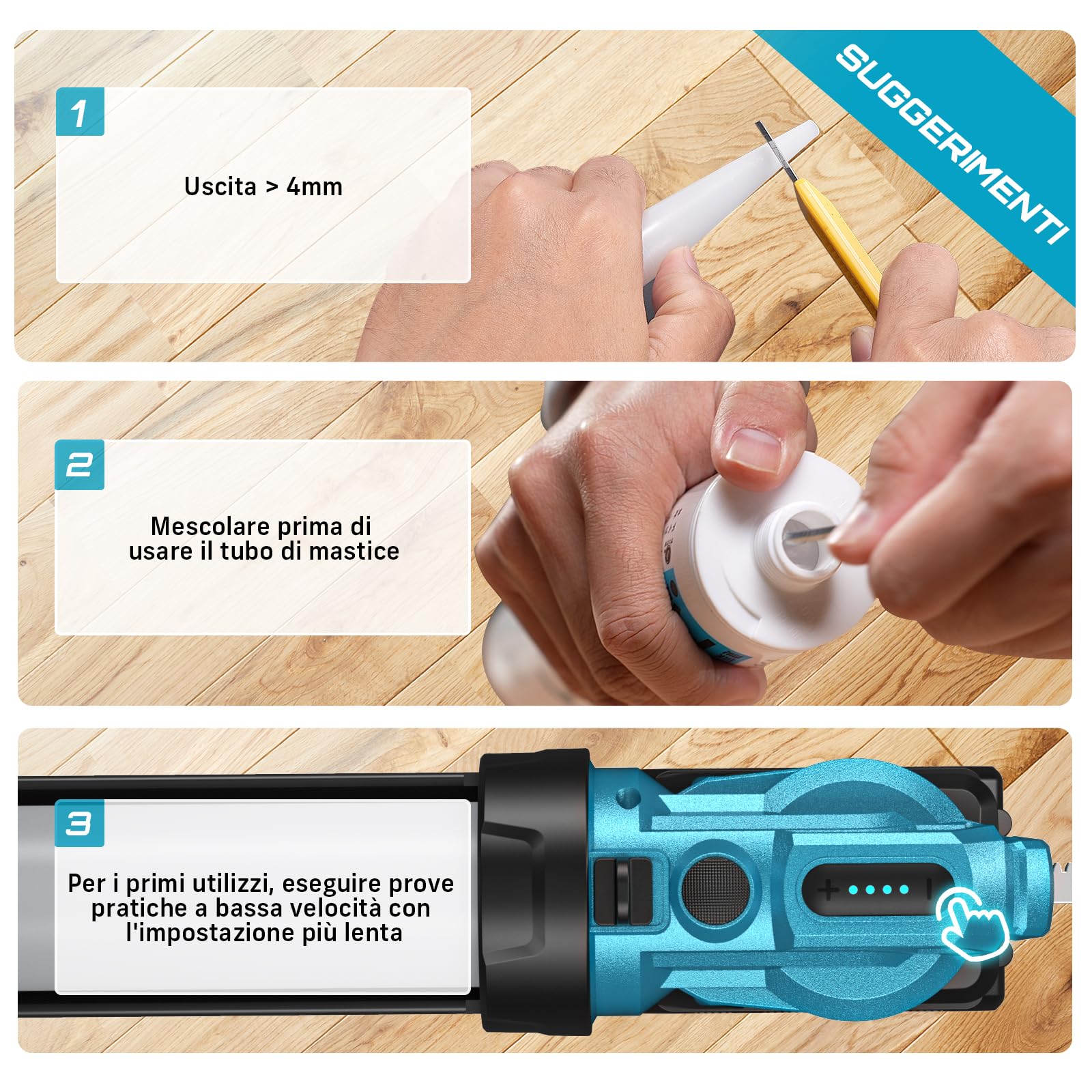 SEESII Pistola per Silicone a Batteria, 21V Pistola per Silicone Elettrica e Adesivi per Cartucce da 10oz/300ml con Batteria da 2.0Ah e Caricabatterie, 4 Velocità (300ml)