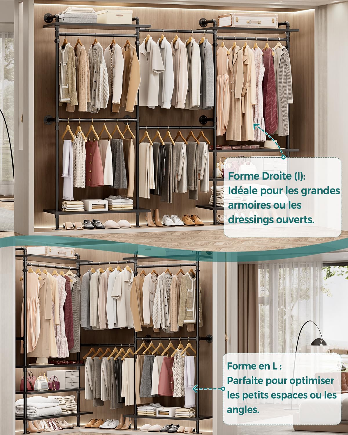 Kit de système de rangement mural industriel pour vêtements, montage mural, système d'armoire ouverte, barre télescopique avec étagères en bois, résistante en métal pour dressing, couleur noir