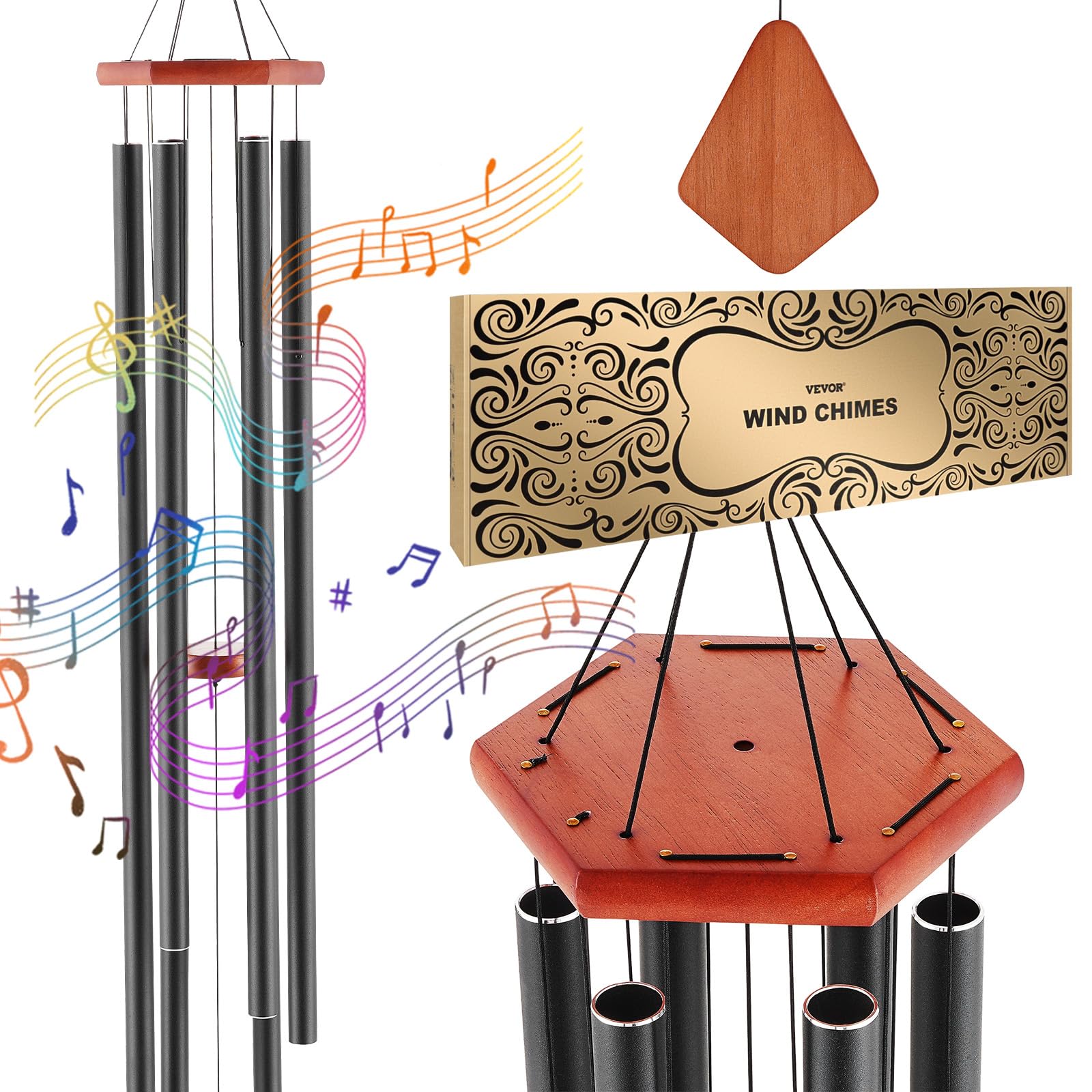 VEVOR Wind Chimes for Outside, 1524 mm, Deep Tone Wind Chimes with 6 Tubes, Unique Large Memorial Wind Chimes for Anniversary, Amazing Outdoor Decor for Your Patio, Porch, Garden and Backyard, Black