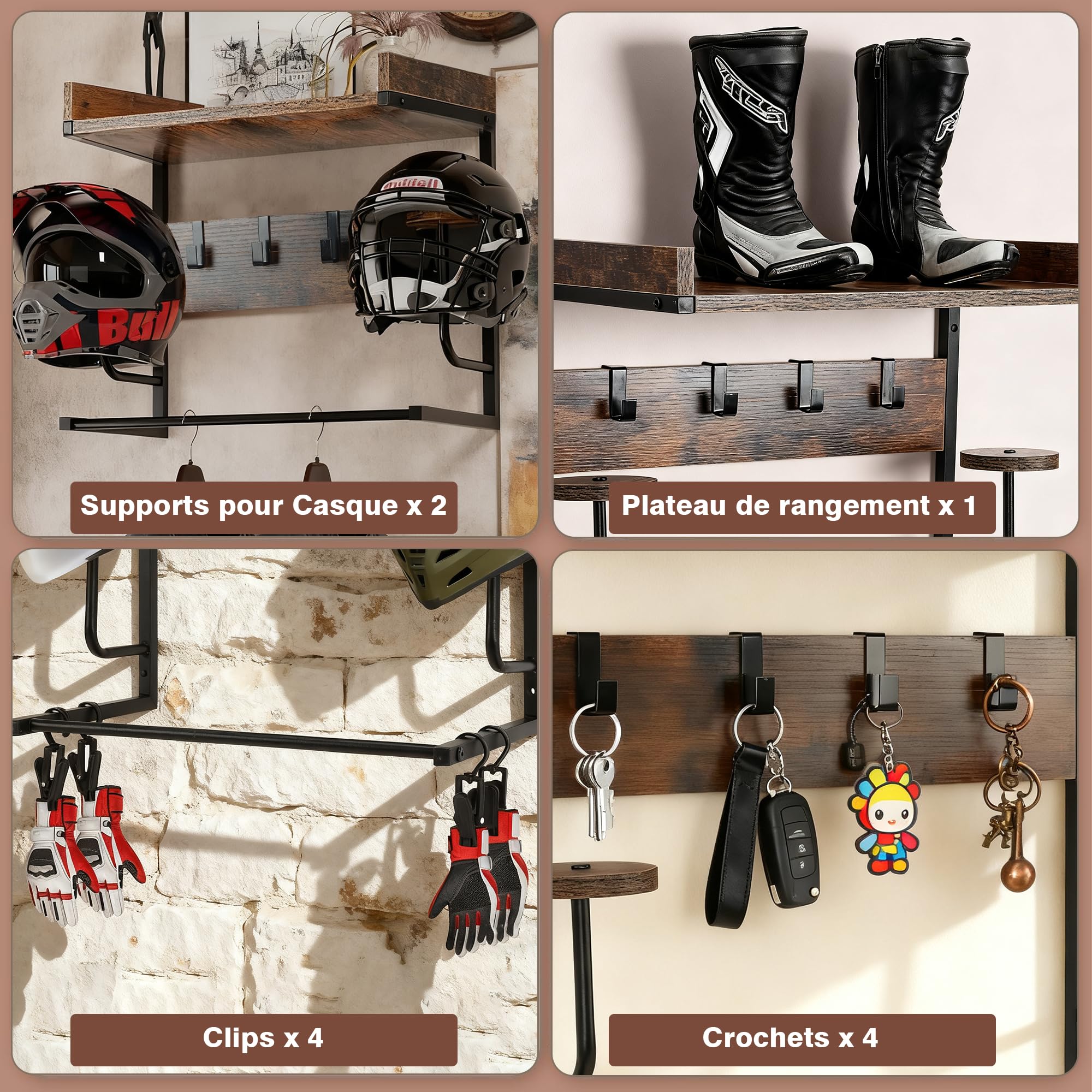 Support Casque Moto, Porte Casque Moto Mural avec 4 Clips à Gants et 4 Crochets, Support Mural pour Ranger Vos Accessoires de Moto, Football, Rugby, Équipement d'Autres Sports