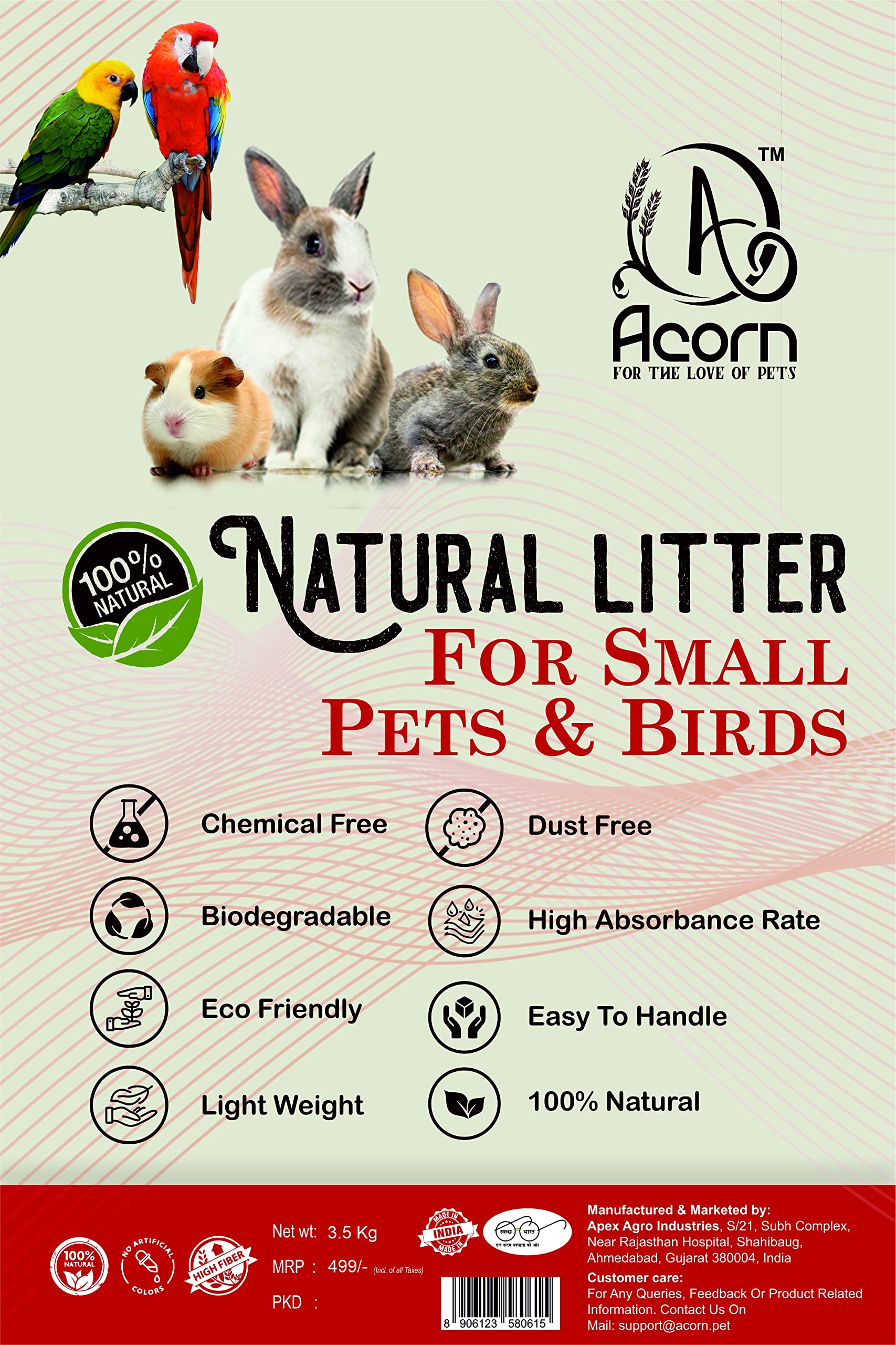 Acorn® Natural Litter for Small Pets & Birds | Non Clumping Cat Litter | 100% Natural | 3.5 Kg