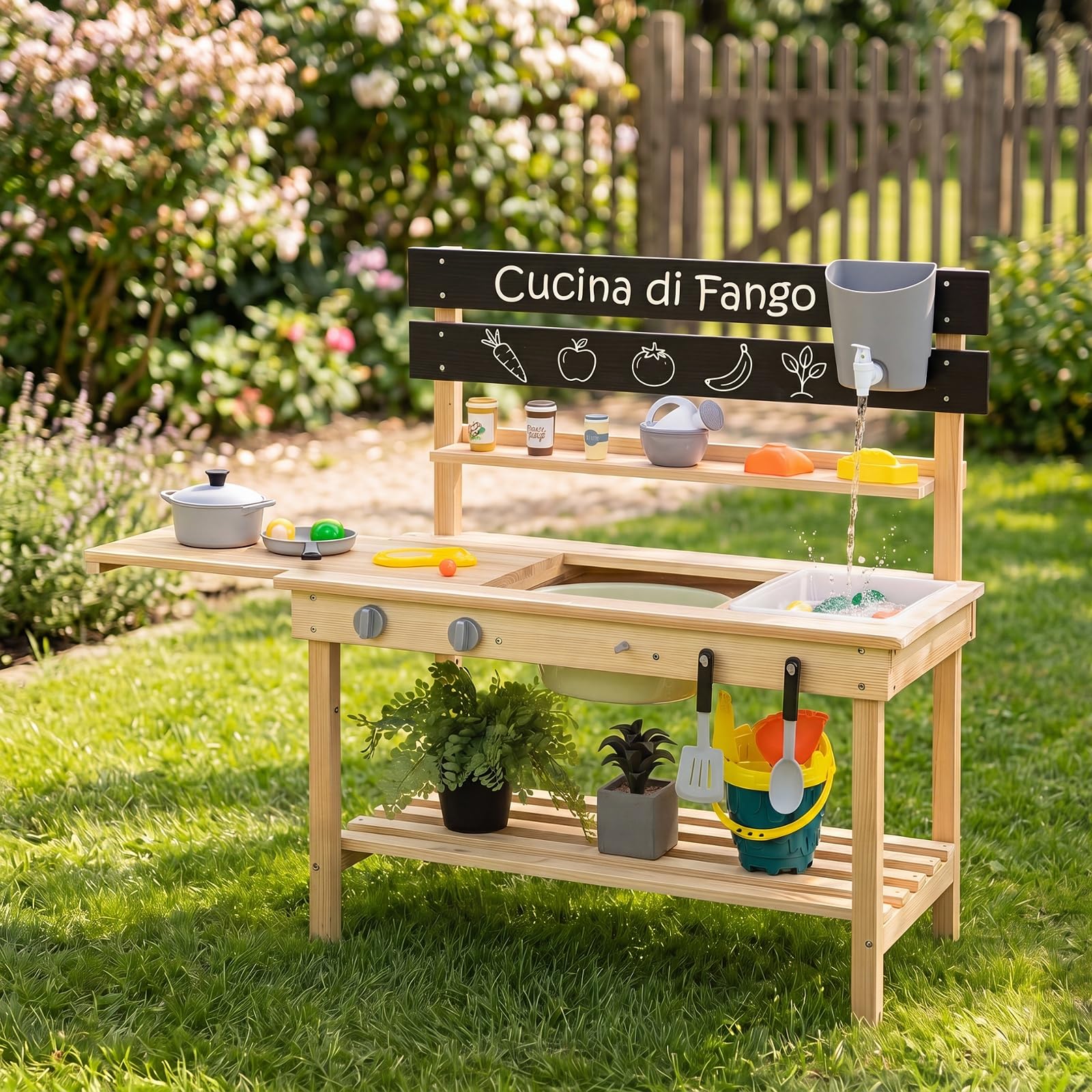 COSTWAY Cucina Giocattolo in Legno Massello per Bambini 3+ Anni, Cucinetta da Esterno per Giocare Sabbia, Acqua, Gioco Montessori con Piano Allungabile, Lavagna, Vari Utensili e Spazio di Stoccaggio