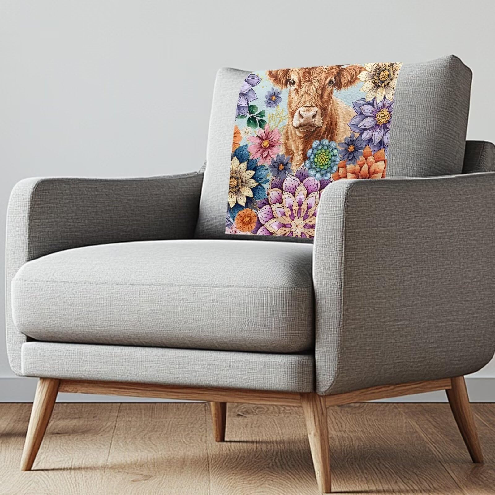 NETILGEN Boho Floral Blossoms Cow Headrest Cover Furniture Protectors Dust-Proof Couch Headrest Covers for Leather Sofa, Furniture Home Decor, 42x66.5 CM, 1 Pack โ image 1