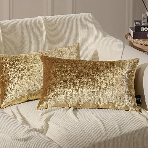 Phantoscope Paquete de 2 fundas de almohada decorativas de terciopelo brillante sólido, funda de cojín cuadrada con purpurina dorada suave para