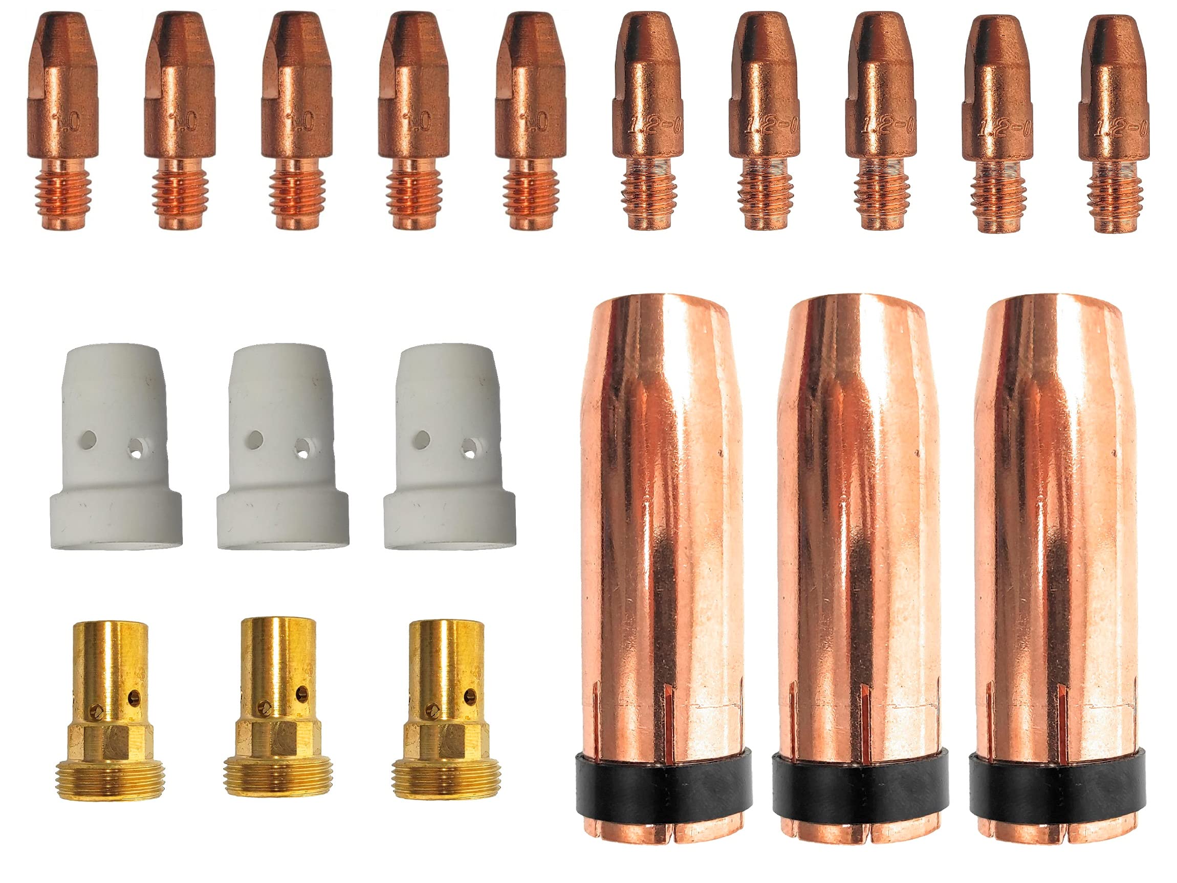 ELCAN Pack de 19 consumibles para antorcha 501D. 5 puntas de contacto M8x30x10mm 1,0mm, 5 puntas de contacto M8x30x10mm 1,2mm, 3 portaboquillas M8, 3 difusores, 3 toberas conicas.