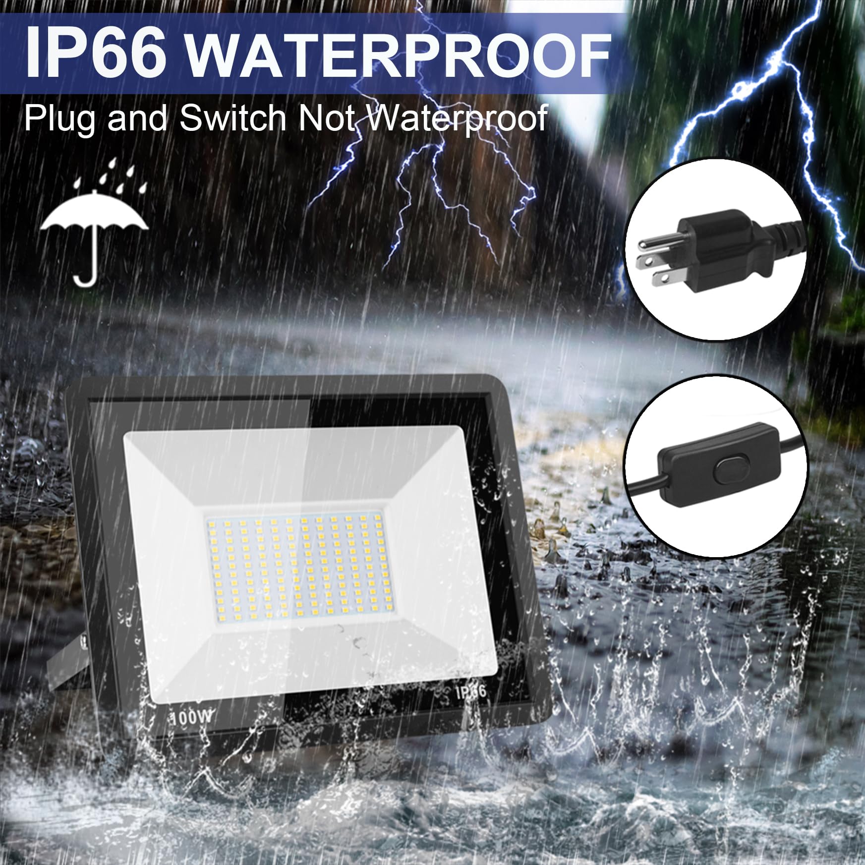 Toobettp Outdoor LED Floodlight, 100 W Outdoor LED Spotlight 10000 LM Super Bright 6500 K Cool White IP66 Waterproof Outdoor Security Lighting For Garage, Garden, Terrace, Parking