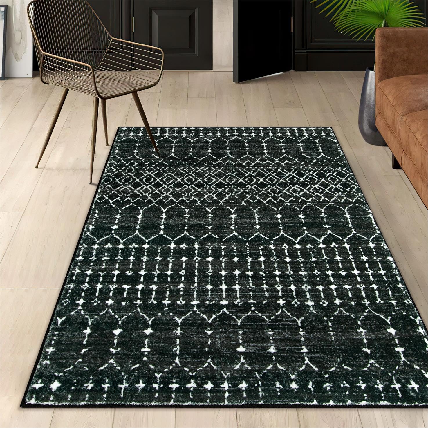 Lahome Moroccan Black Area Rug for Living Room - 3x5 Non-Slip Washable Stain Resistant Large Kitchen Rugs Throw Low-Profile Soft Bedroom Carpet Geometric Print Distressed Rug for Entryway Dining Room