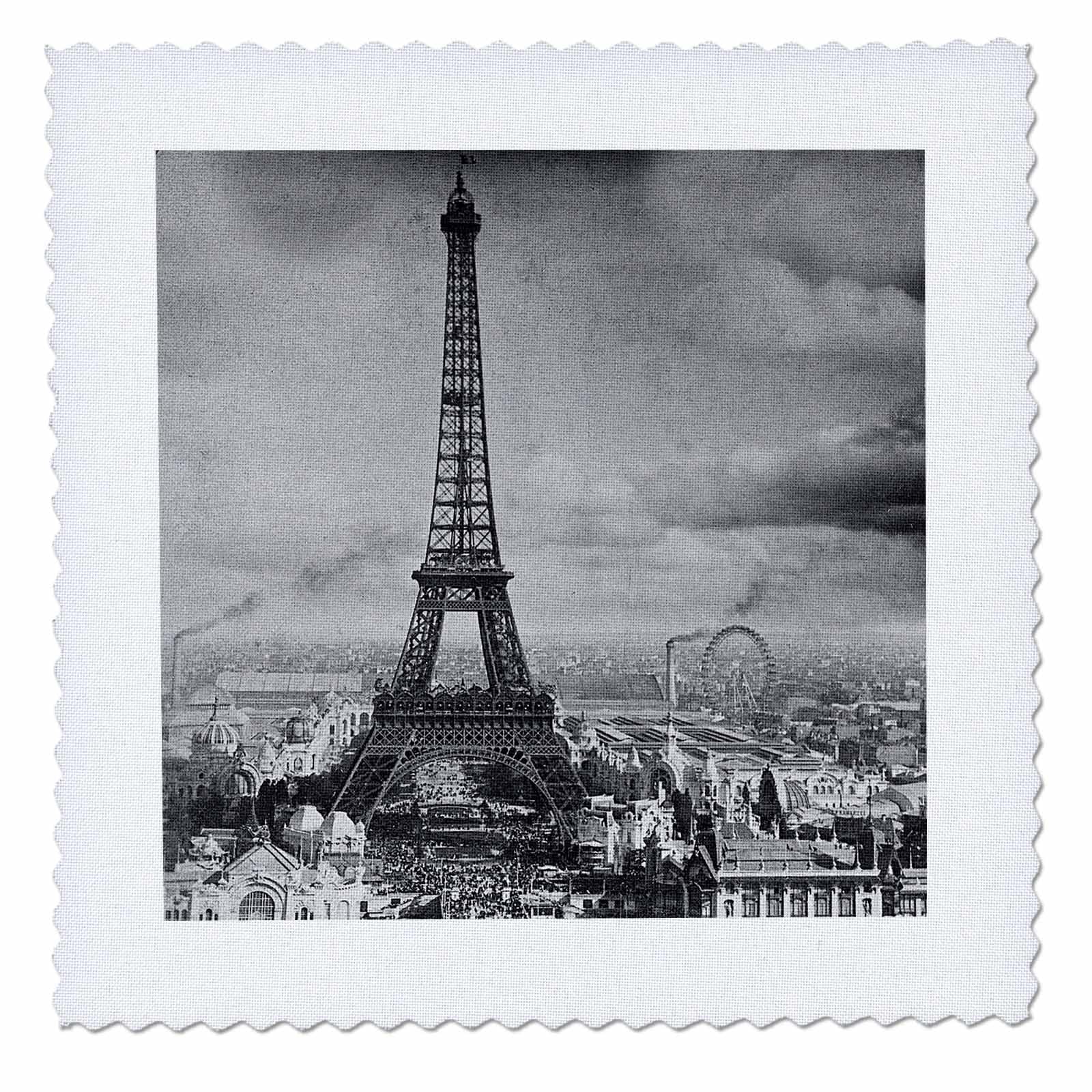 6x6 inch Quilt Square - Eiffel Tower Paris France 1889 Black and White Vintage Stereoview