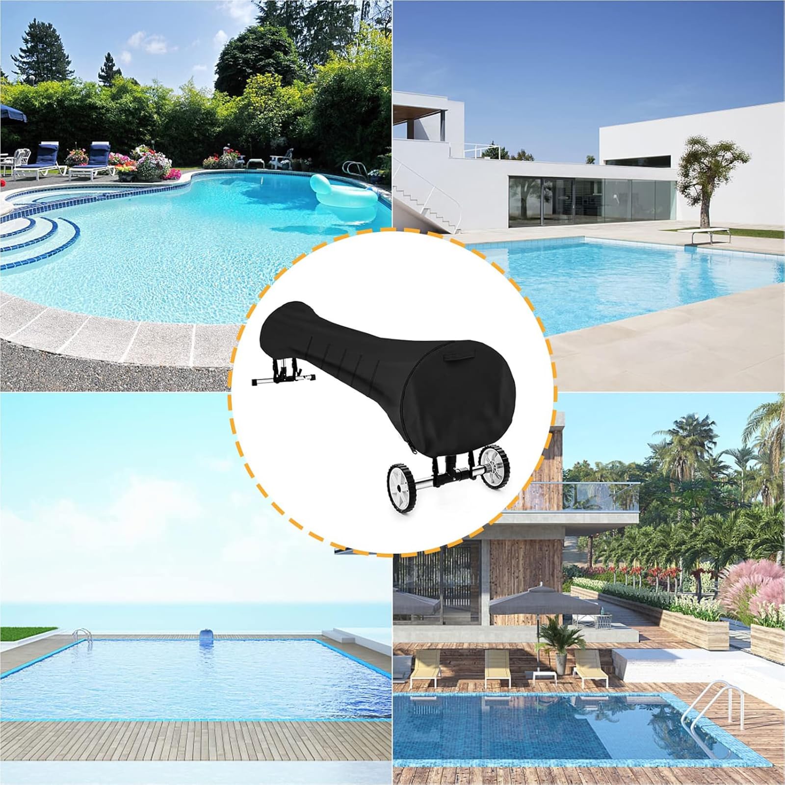 Pool Aufroller Abdeckung, Schwimmbad Solardecke 420D Oxford wasserdichter Sonnen Staubdicht UV beständig Schutzhülle Reel Kordelzug, Aufrollsystem oberirdische inground (Schwarz, 18FT)