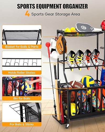 Miniatura 5 de Organizador de equipo deportivo de garaje con ruedas, estante de almacenamiento para bolsas de golf y cubos de almacenamiento de bolas, sistema