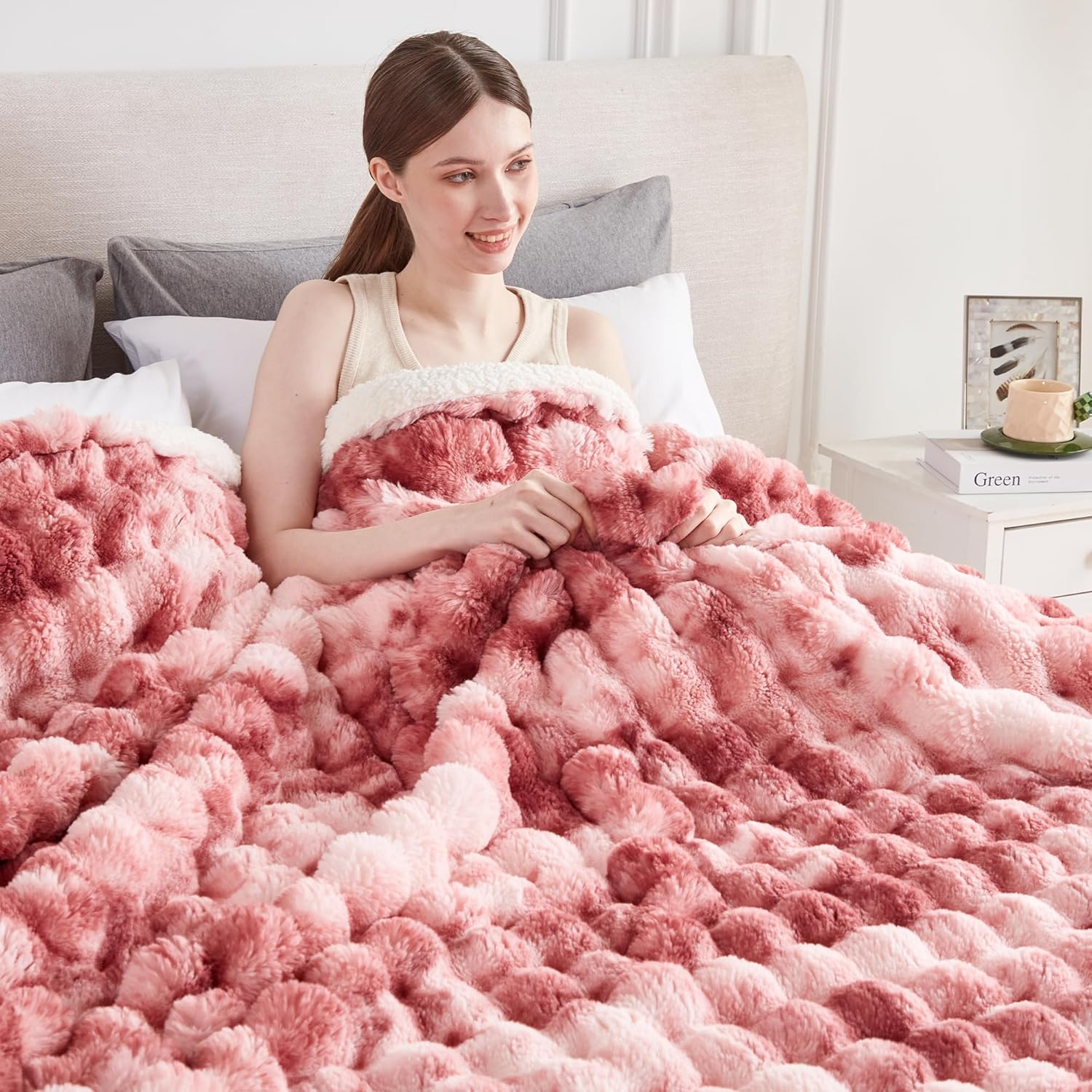 50x60 Inches Ultra-Soft Fuzzy Faux Fur Plush Throw Blanket - Thick, Warm Sherpa for Couch, Sofa, Bedroom, Camping - Decorative Blanket for Cozy Warmth, Bubble Dusty Rose Tie Dye - Image 2