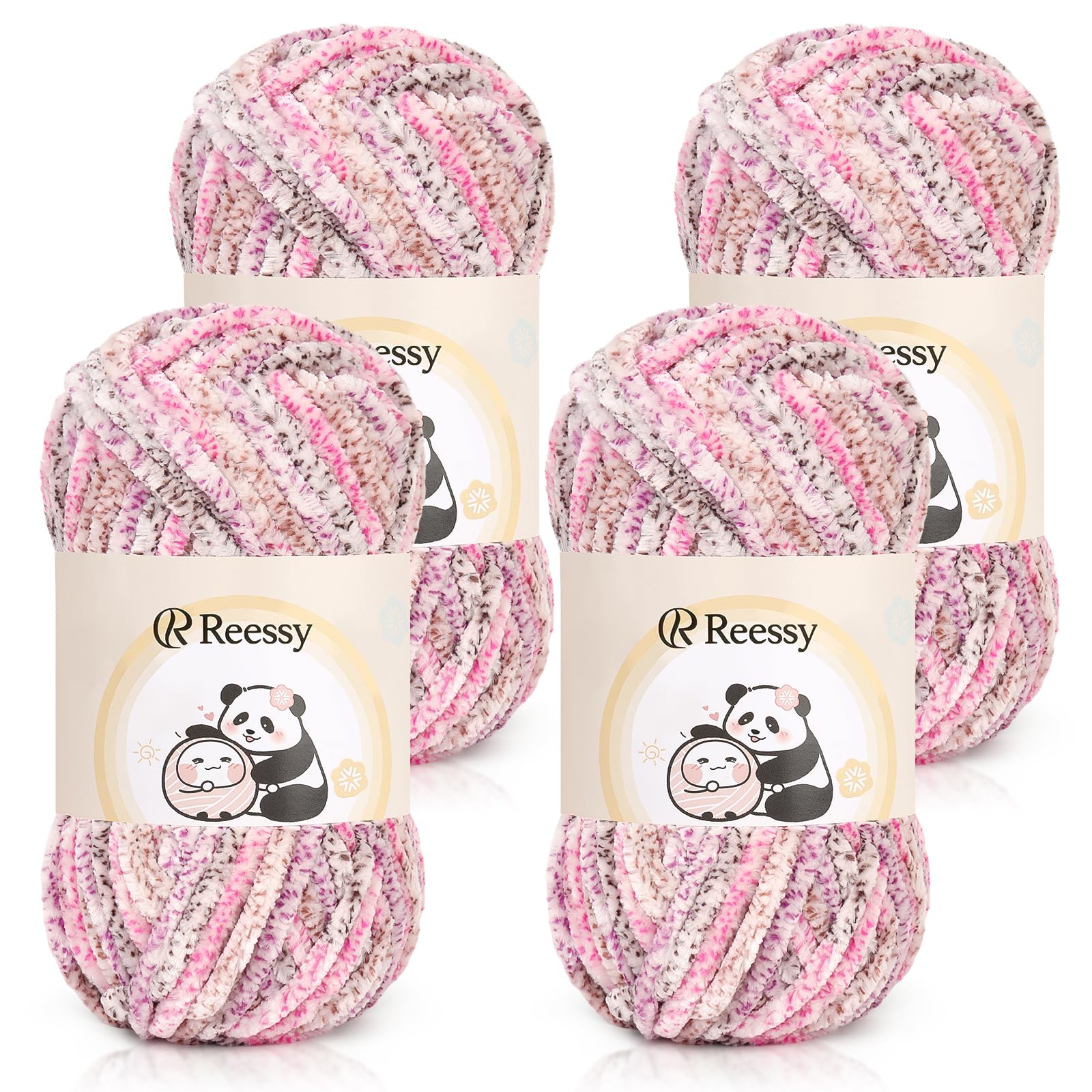 Reessy Chenille Yarn, 4 × 100g Soft Chunky Wool Set, Chunky Chenille Yarn for Crochet, Plush Velvet Fluffy Yarns Thick Knitting Wool for Crcochet Blanket, Handbag, DIY Amigurumi(Rose)