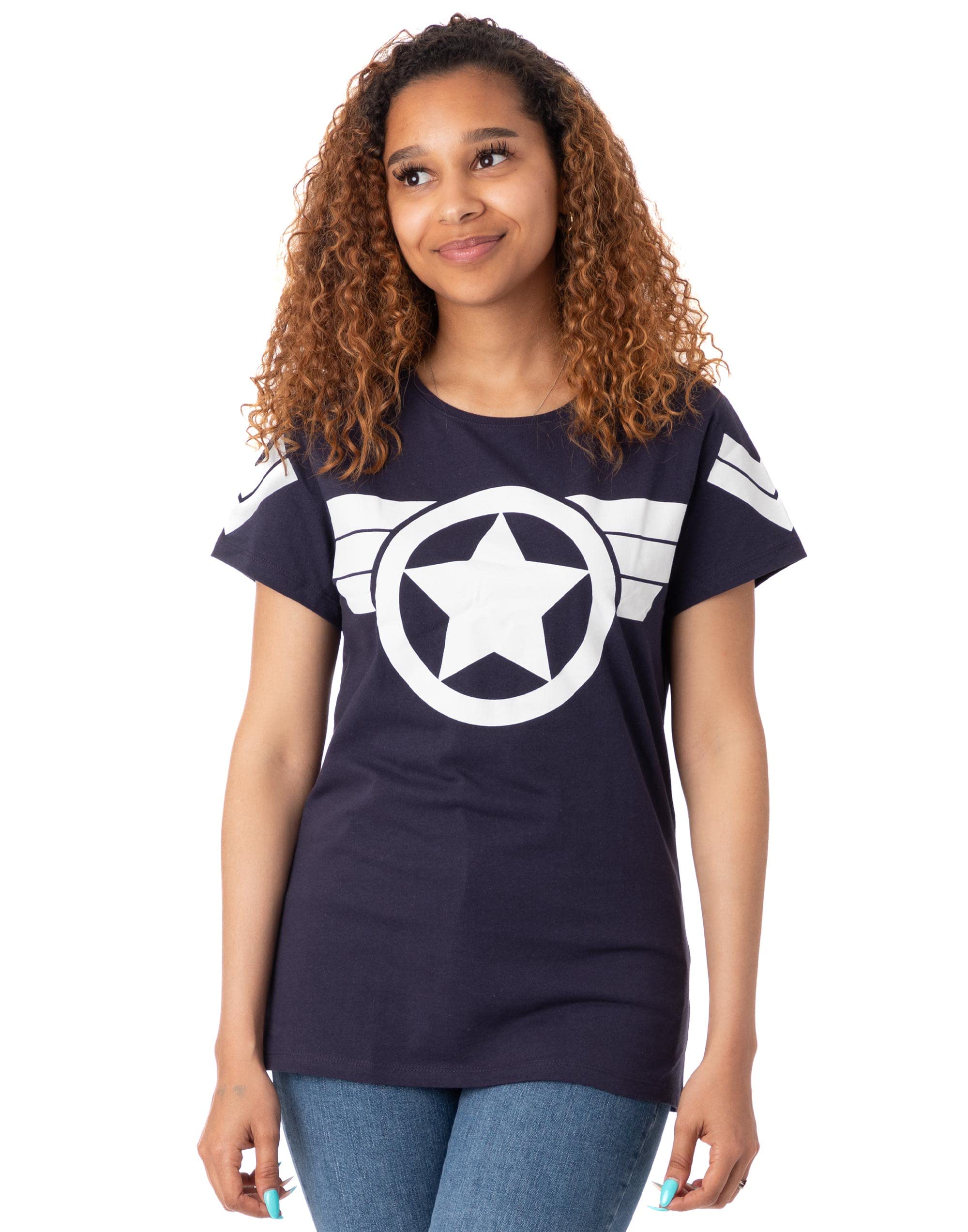 Vanilla Underground Women's Blue Marvel Captain America Logo Short Sleeved T-Shirt - Large