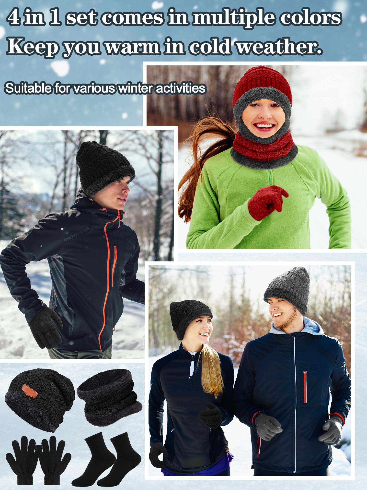 Toulite Wintermützen, Handschuhe, Schals, Socken, Set, mit Fleece gefüttert, Beanie-Mützen, Halstuch, für Damen und Herren, 48-teilig