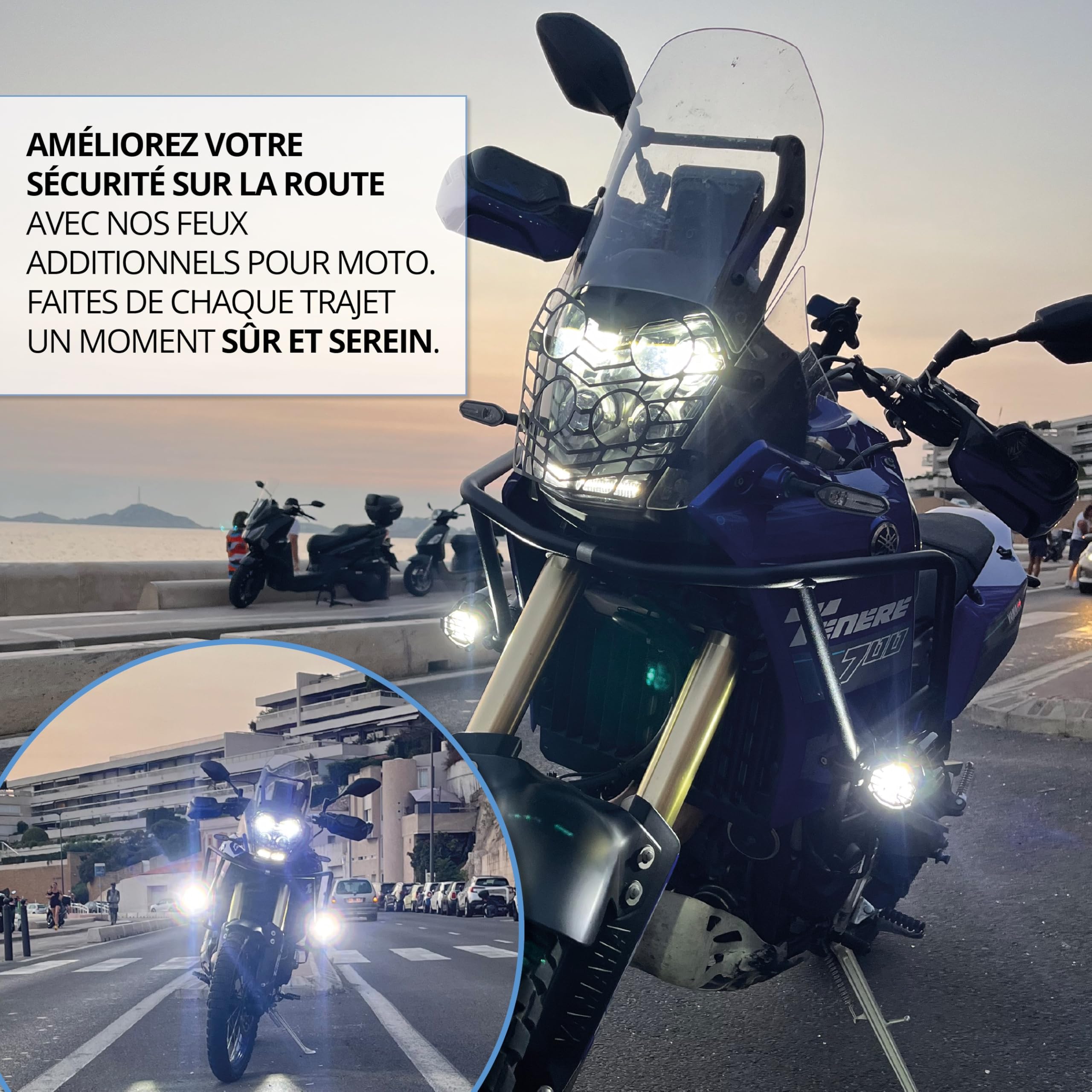 PASSION MOTO Feux Additionels LED Antibrouillards Longue portée Moto Quad 6000LM Puissant + Grille de protection + Faisceaux de câblage avec relais CNC IP68