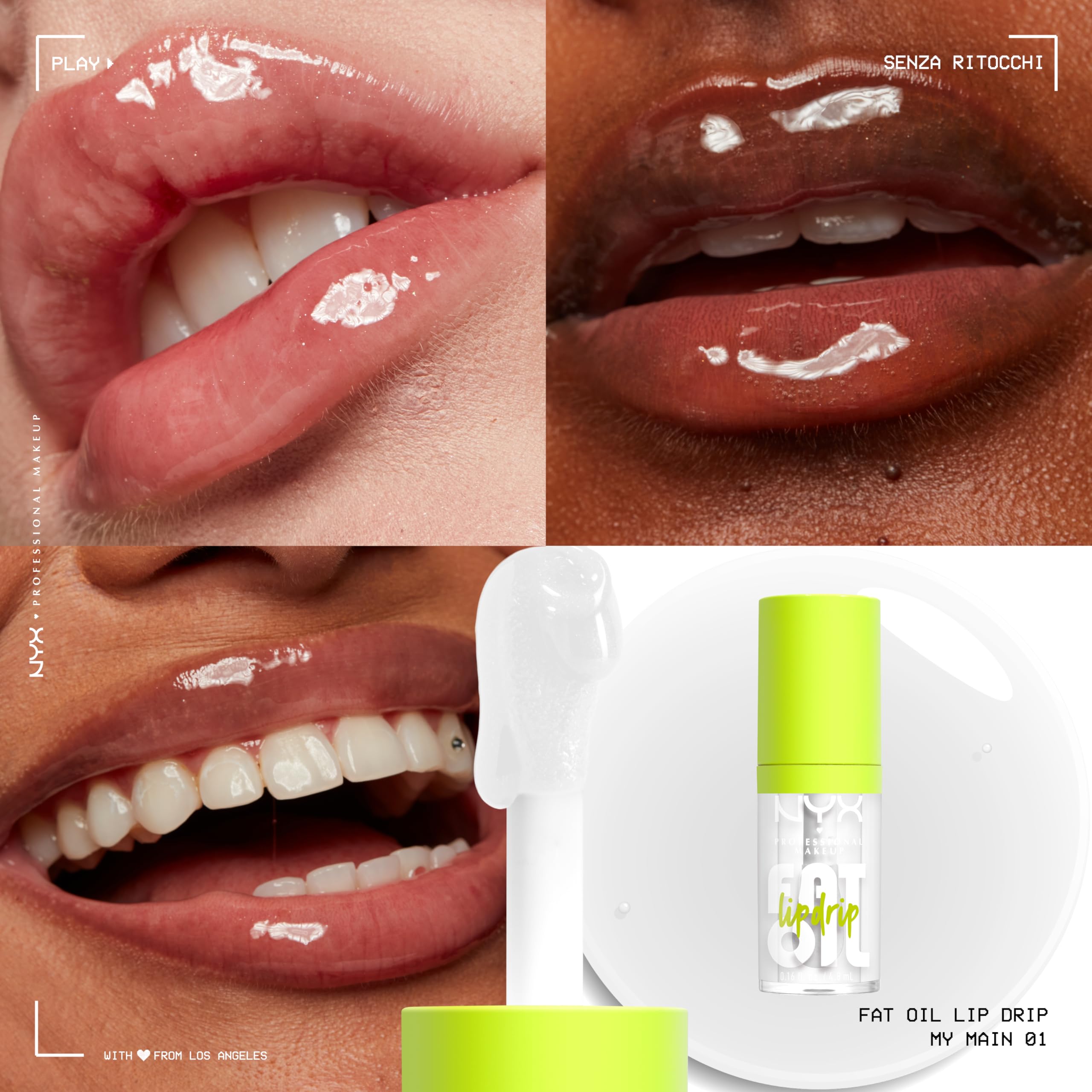 NYX Professional Makeup Set di Gloss Labbra, Finish Extra Brillante, Fino a 12H di Idratazione, Con Maxi Applicatore, Arricchito con Oli di Squalano, Lampone e Camemoro, Fat Oil Lip Drip, 4 Tonalità