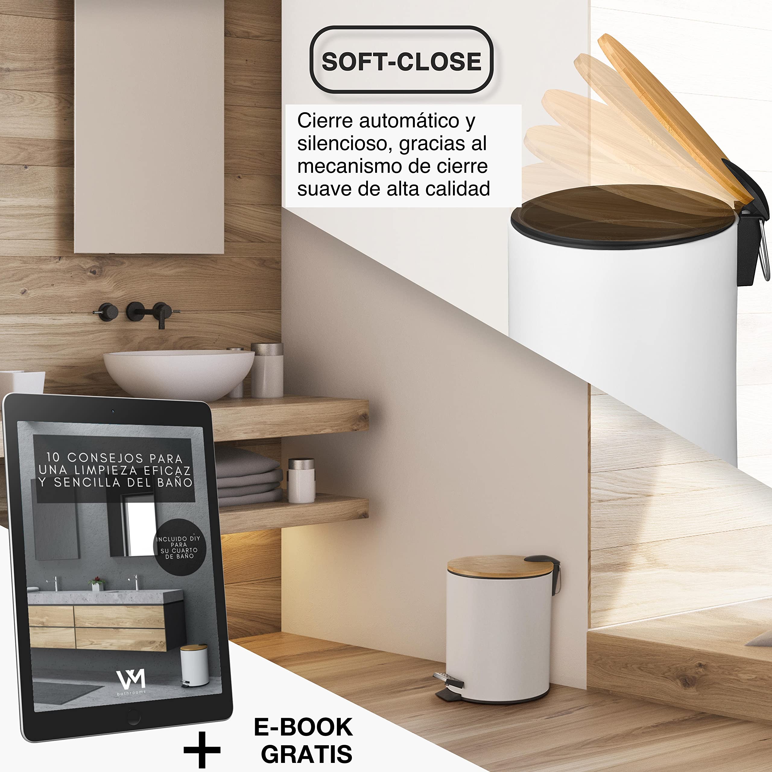 VMbathrooms Papelera baño de 5L en noble diseño blanco | Cubo de baño con cierre suave | Elegante cubo para el baño con contenedor interior y tapa de madera de bambú | + E-Book Gratis