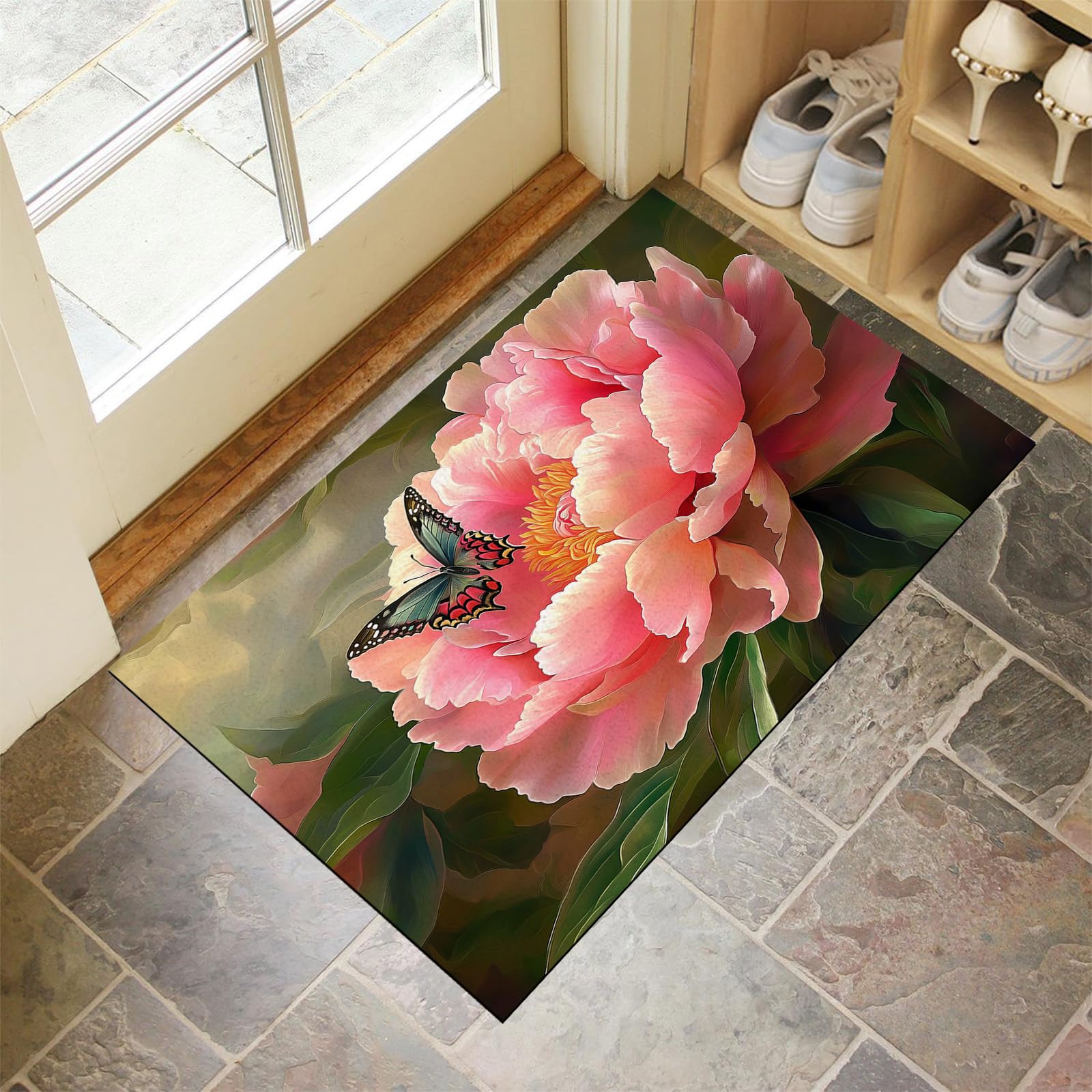 Tapis lavable et résistant 80x120 cm paillasson attrape poussière motif fleurs roses